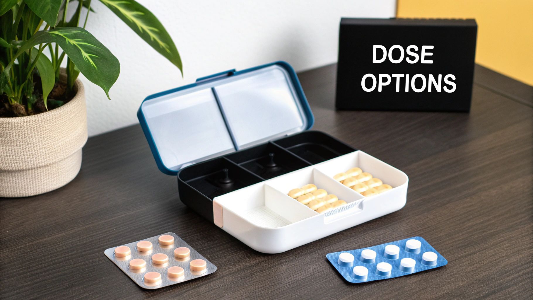 A pill organizer with various pills, two blister packs, and a 'DOSE OPTIONS' sign on a table.
