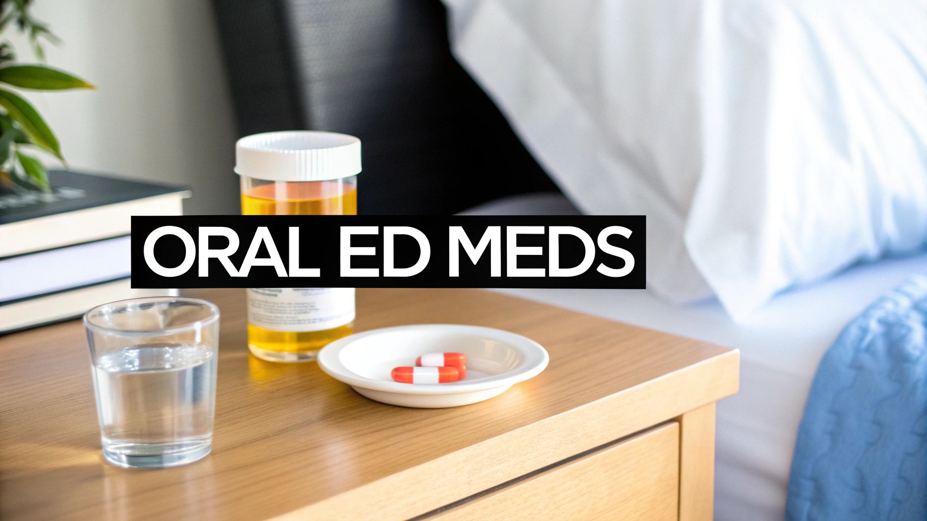 Oral ED medications including a pill bottle, two capsules, and a glass of water on a nightstand.