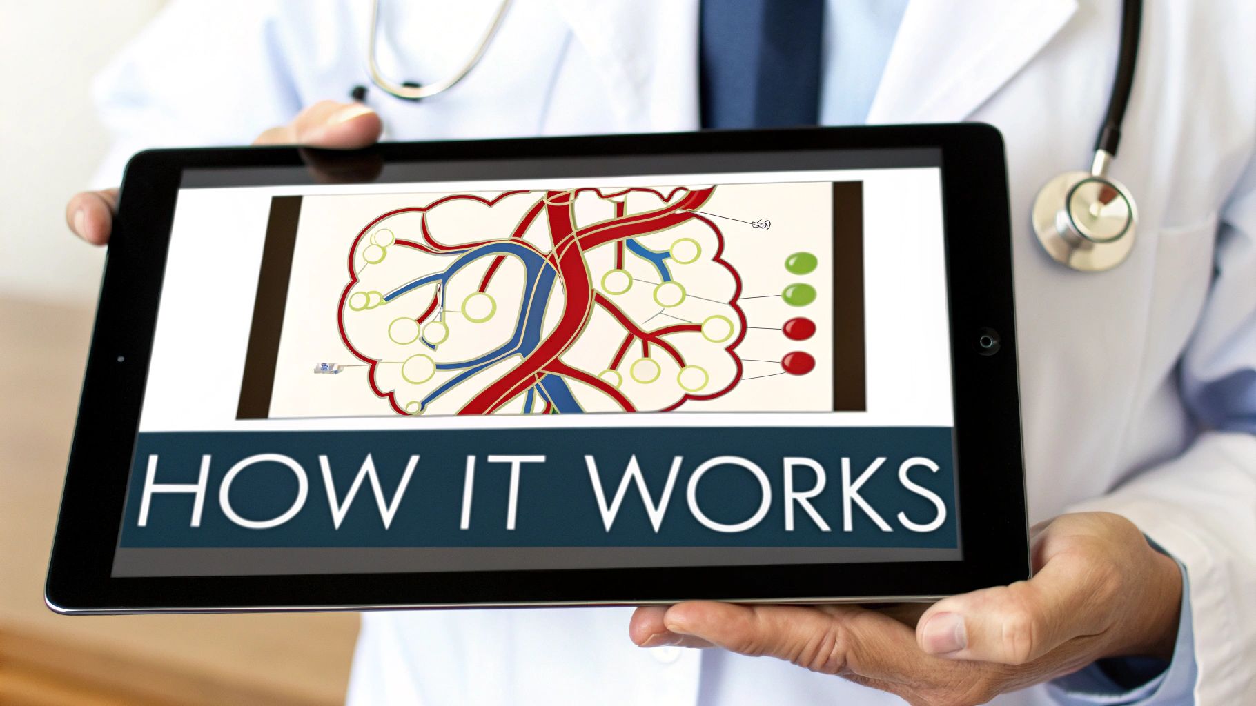 A doctor in a white coat holds a tablet displaying an anatomical diagram with blood vessels and 'HOW IT WORKS' text.