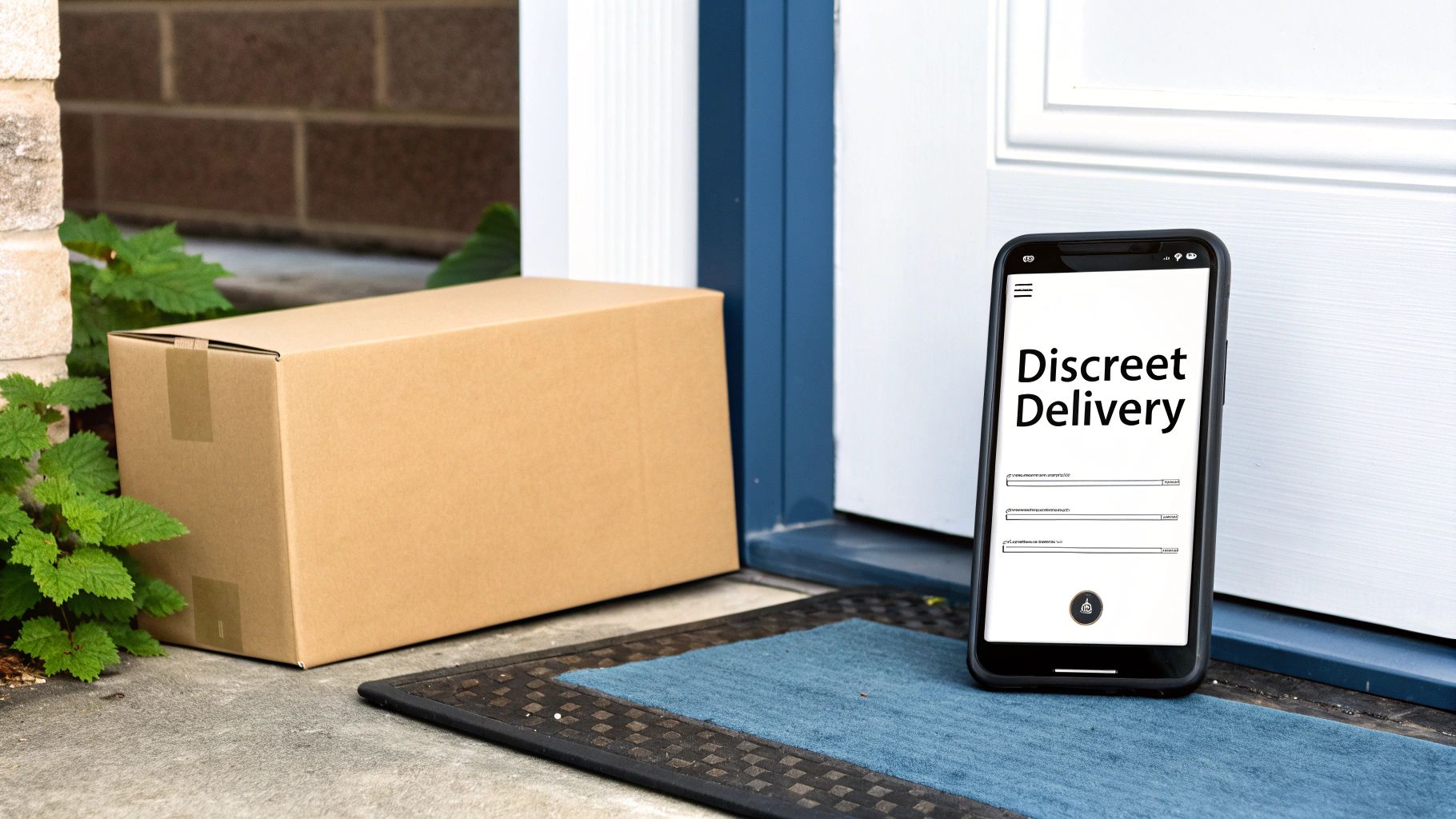 Brown cardboard box on a doorstep with a smartphone showing 'Discreet Delivery' text.