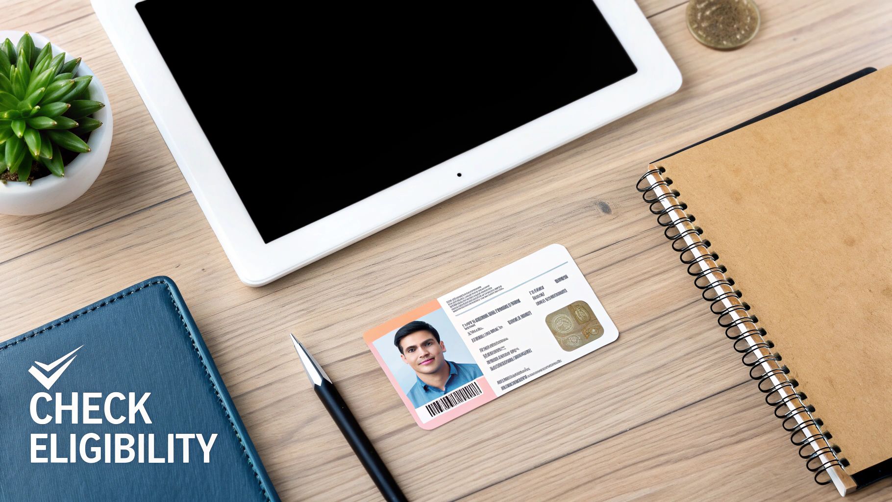 Flat lay of a desk with a tablet, ID card, notebook, pen, and 'CHECK ELIBILITY' folder.