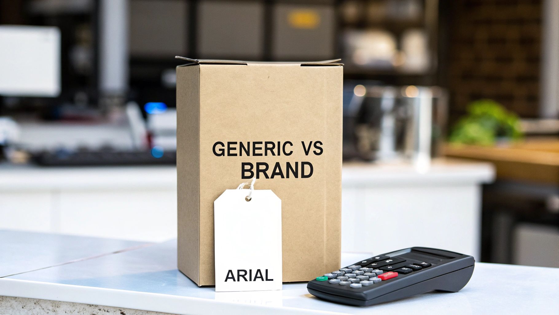 A cardboard box labeled 'GENERIC VS BRAND' with an 'ARIAL' tag, next to a calculator.
