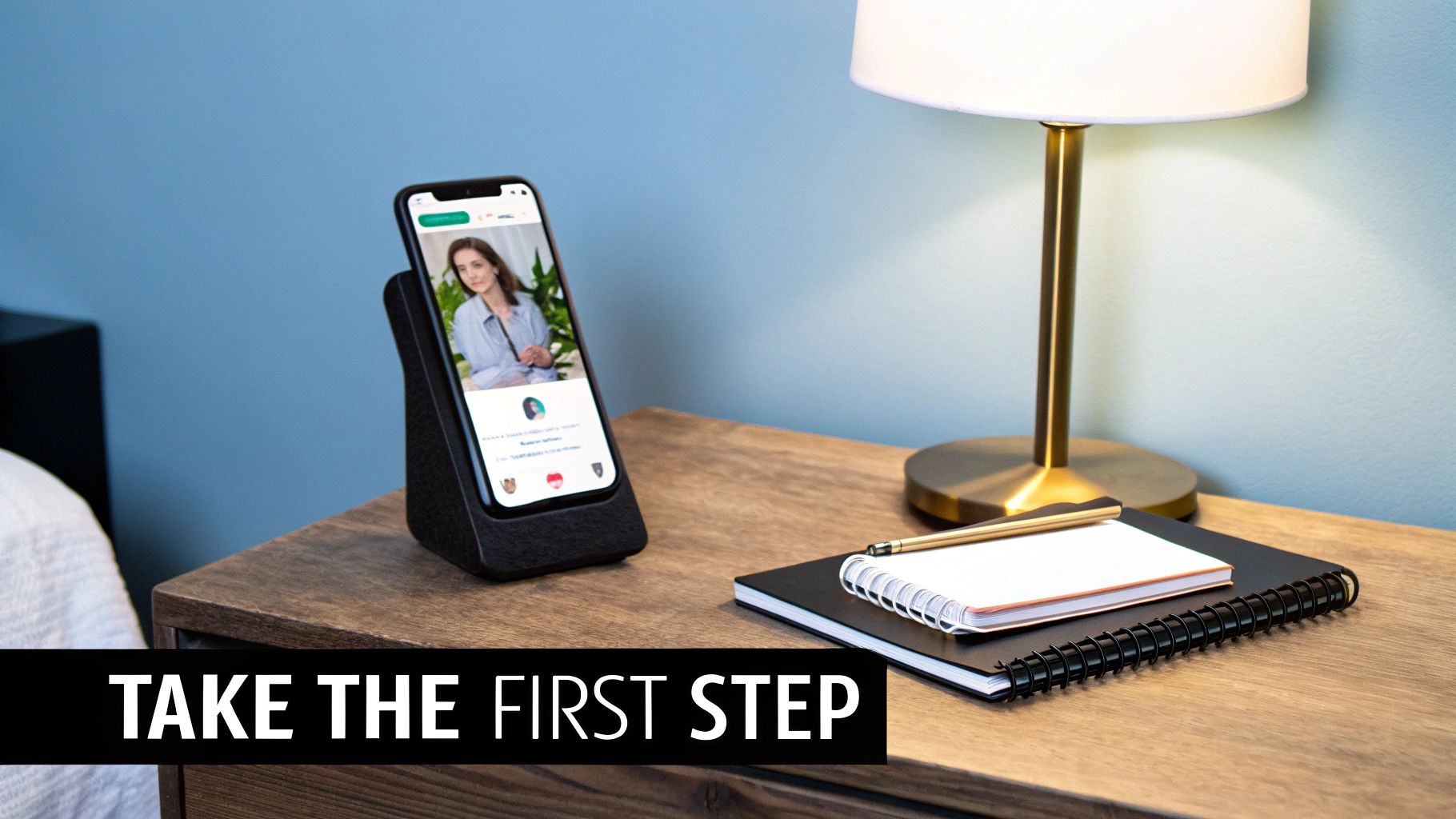 A smartphone on a stand, a desk lamp, and notebooks with a pen on a wooden nightstand.