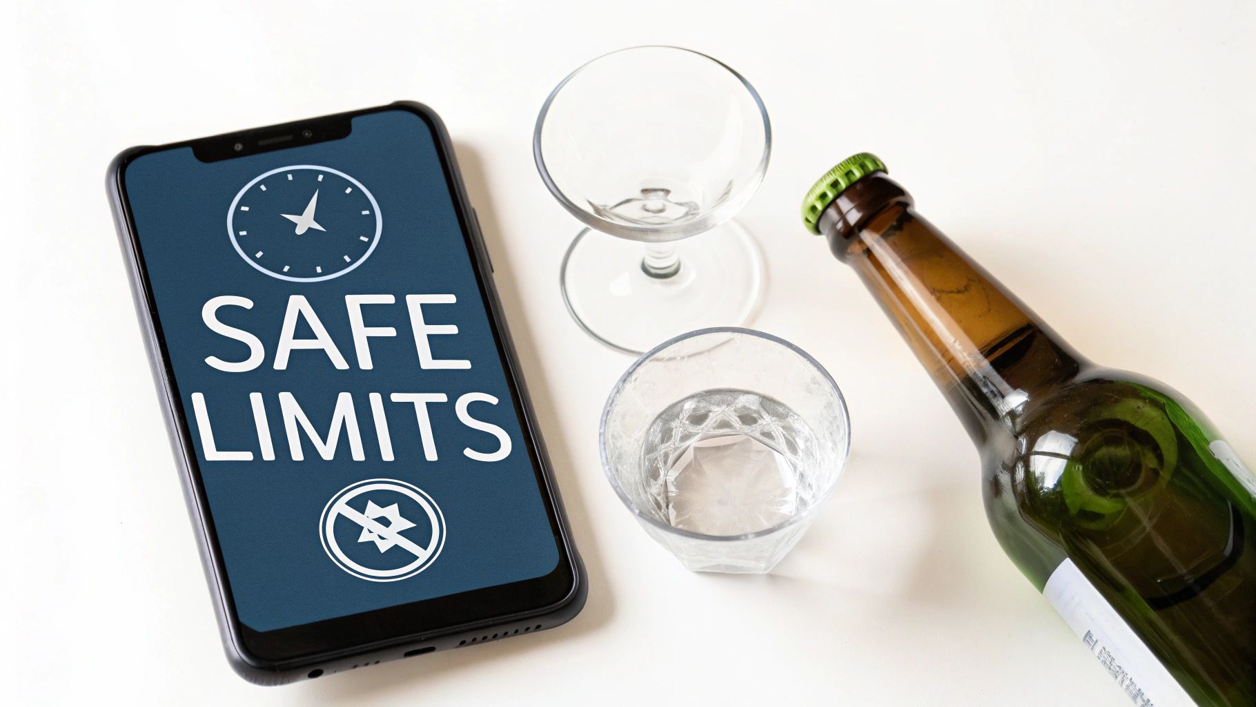 A smartphone displaying "SAFE LIMITS" is next to an empty beer bottle and glasses.