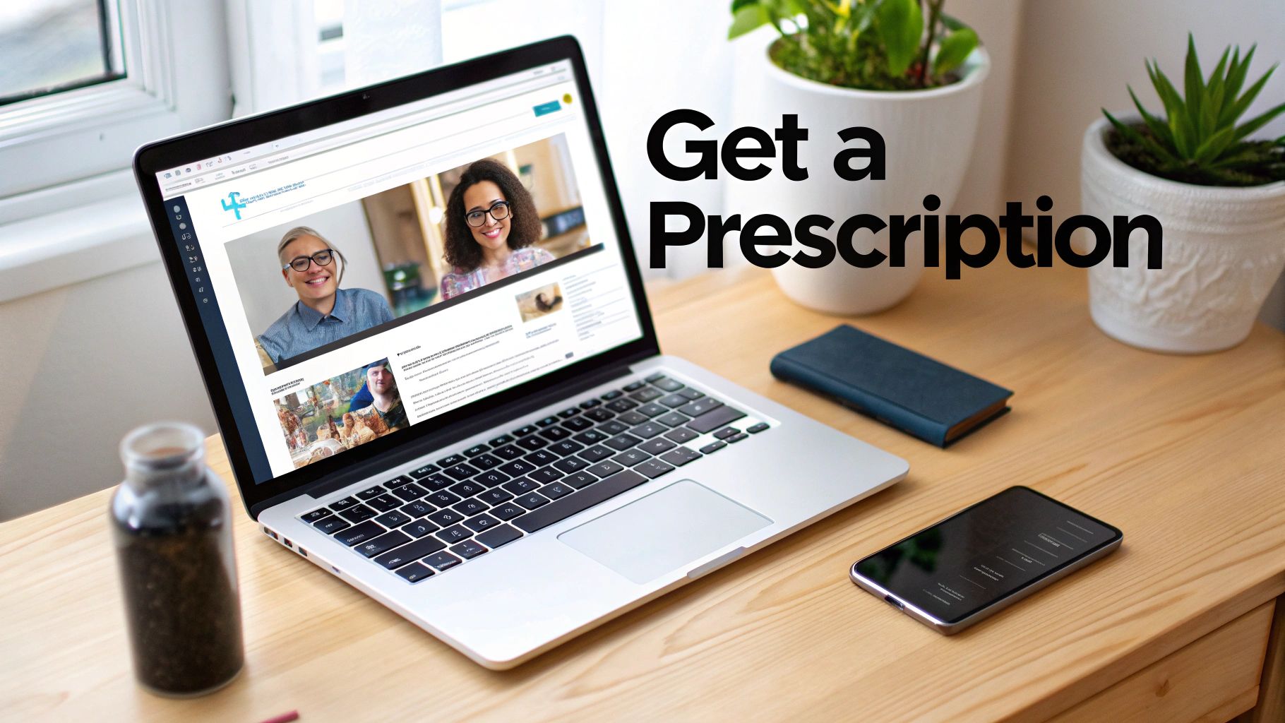 A laptop displaying a telehealth website with doctors, a phone, and plants on a wooden desk.