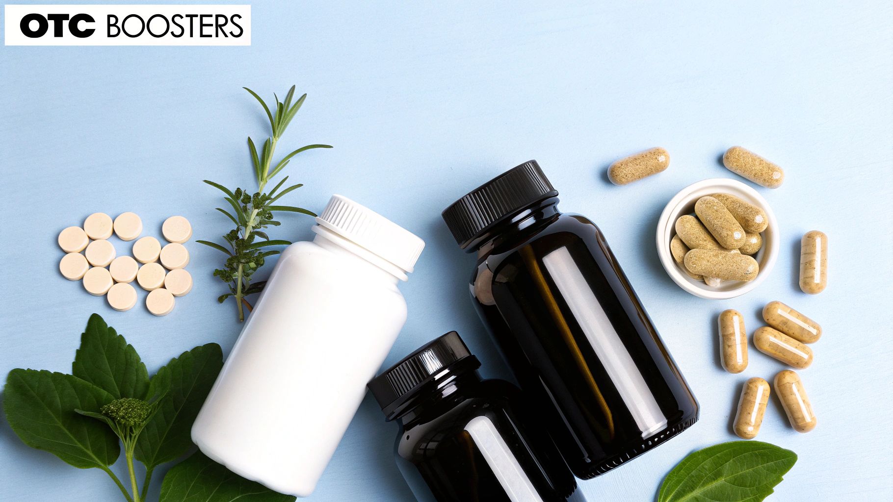 A collection of natural herbs and vitamins in bowls, representing ingredients in testosterone supplements.