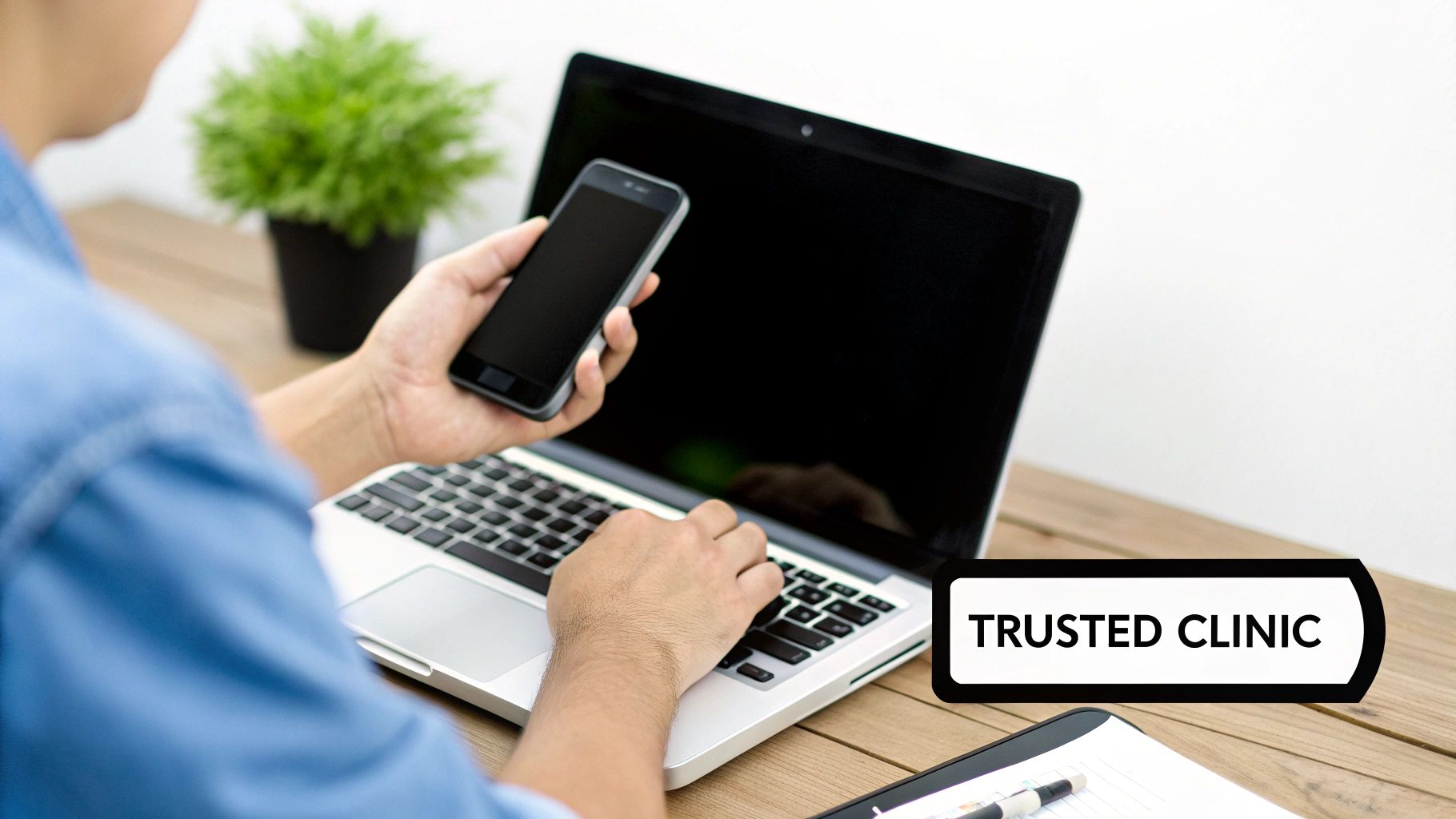 Person using smartphone and laptop for online telemedicine consultation at trusted clinic