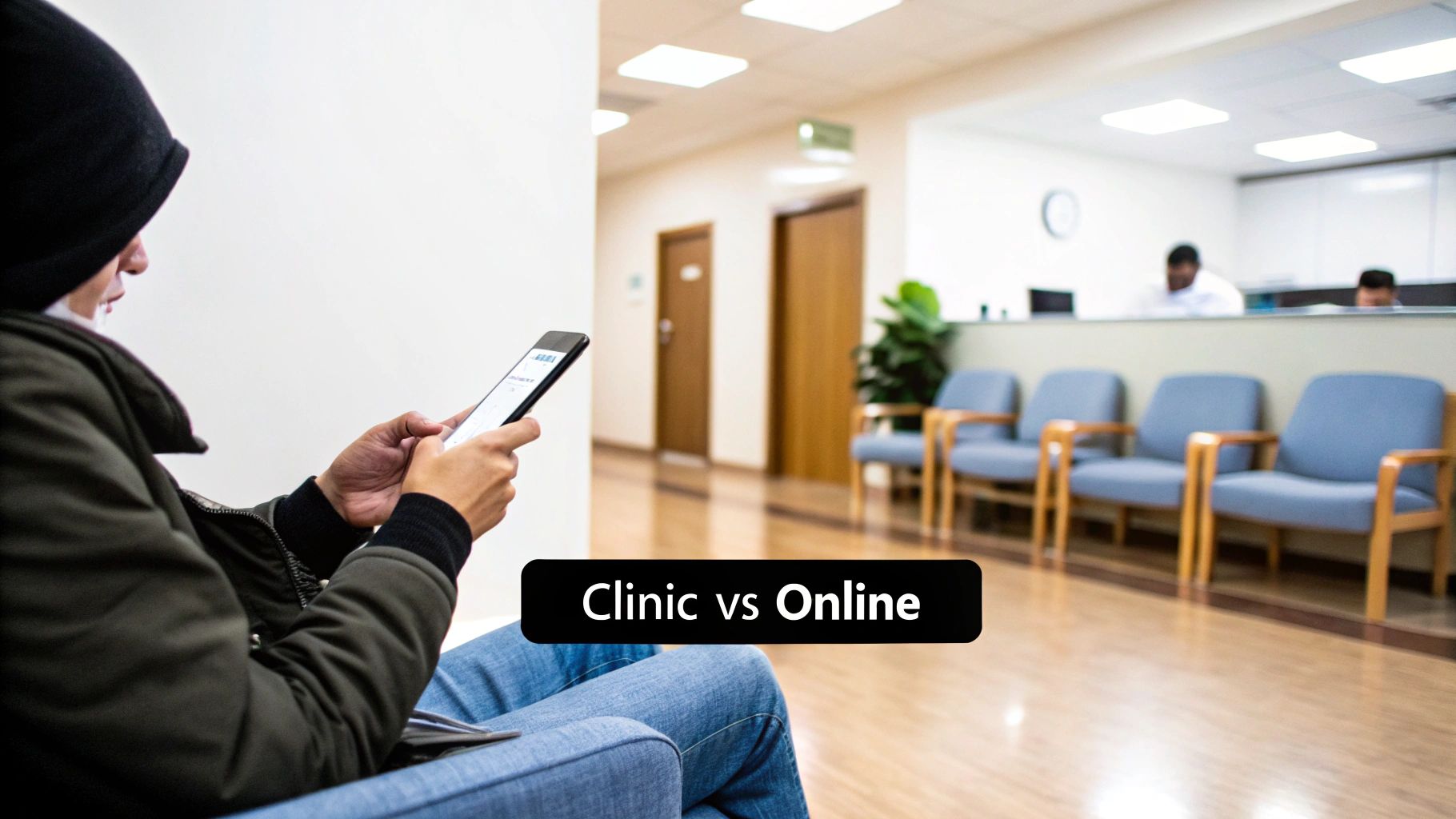 A man in a clinic waiting room uses a smartphone, highlighting the comparison of clinic vs online services.
