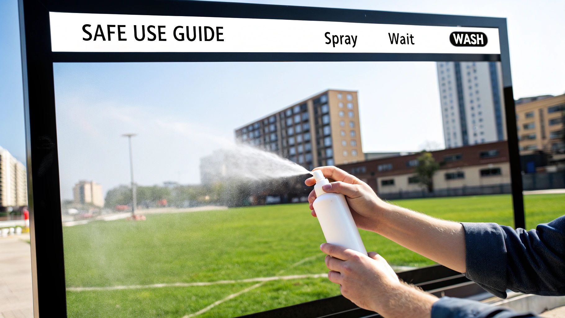 Person spraying aerosol bottle outdoors following safe use guide instructions for proper application
