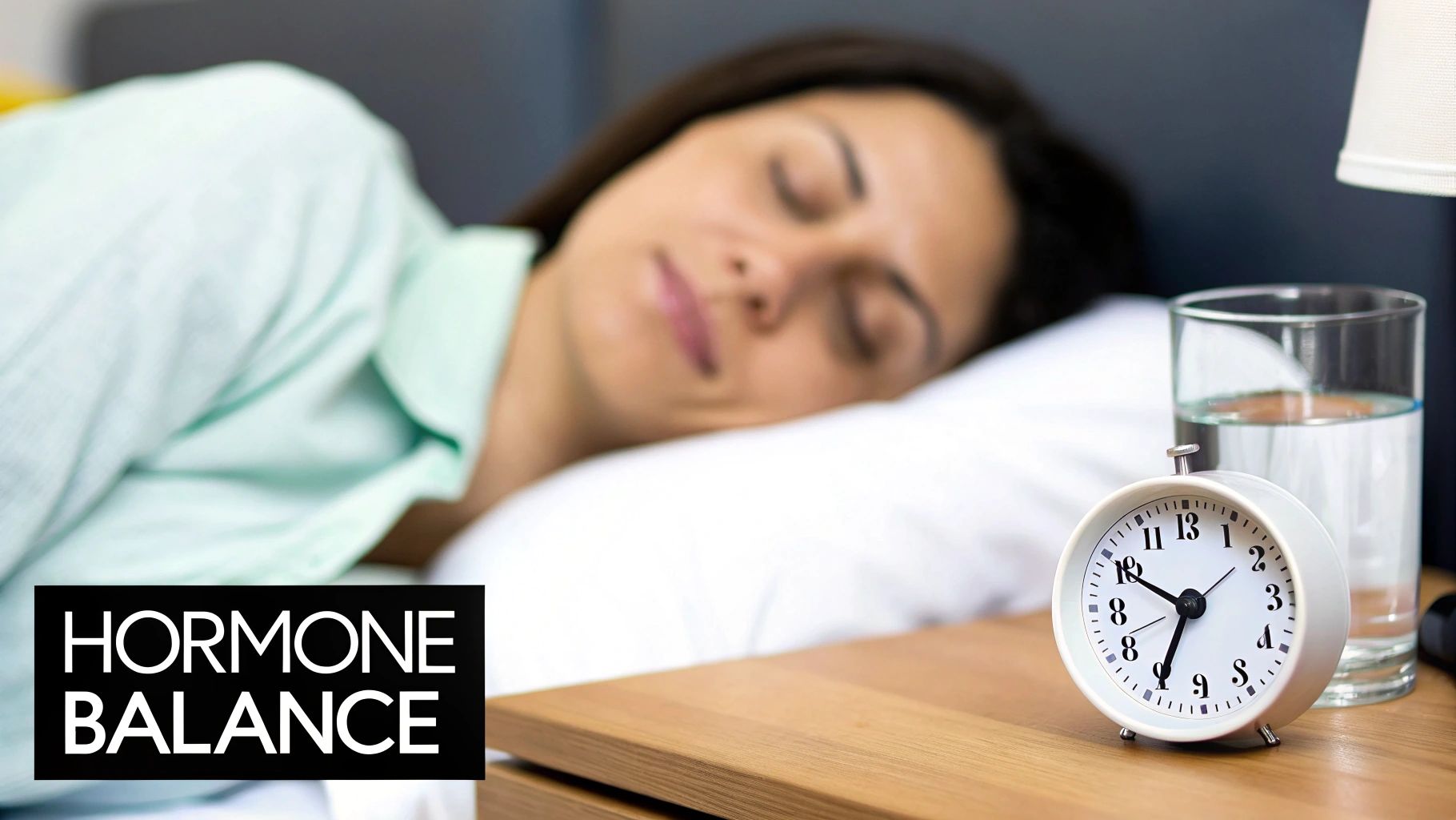 A woman sleeps soundly in bed next to an alarm clock and glass of water, with 'HORMONE BALANCE' text.