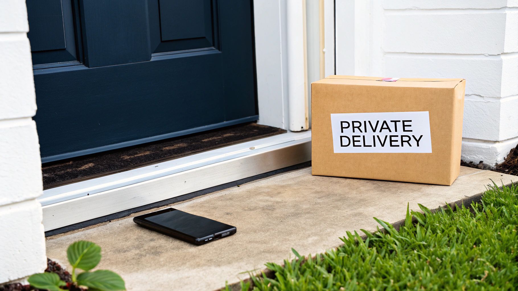 A brown 'PRIVATE DELIVERY' box and a black smartphone on a doorstep next to a dark blue door.