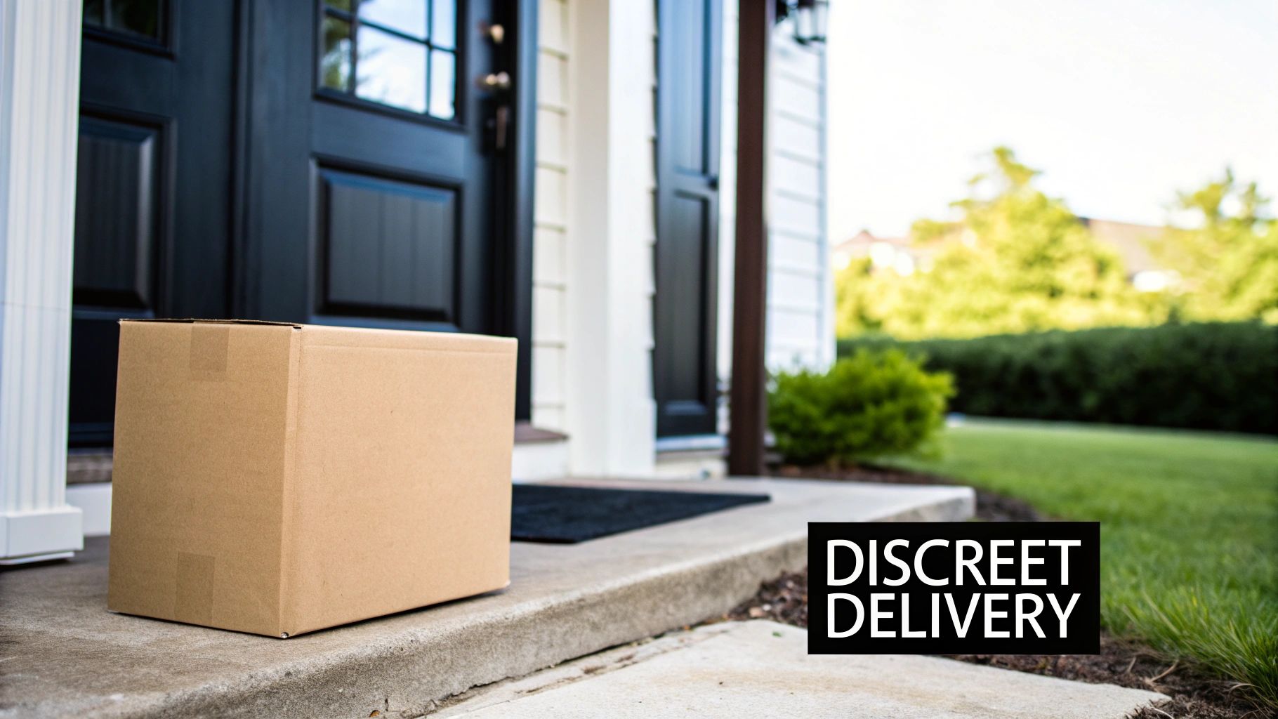 A brown cardboard package rests on a concrete doorstep with a 'DISCREET DELIVERY' sign.