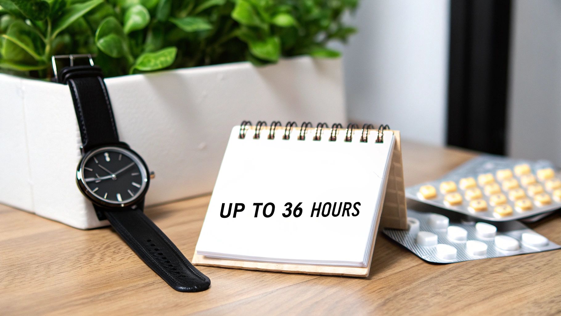 A desk setup with a black watch, a plant, a notebook displaying 'UP TO 36 HOURS', and two blister packs of pills.