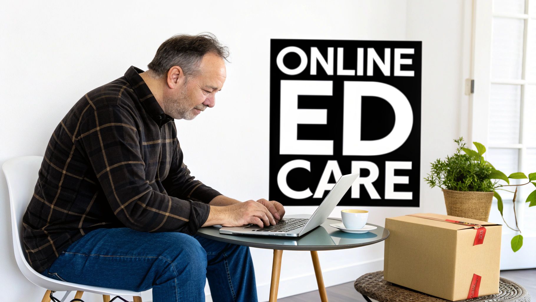 Man with beard typing on laptop at a table with a coffee cup, next to an 'ONLINE ED CARE' sign and a package.