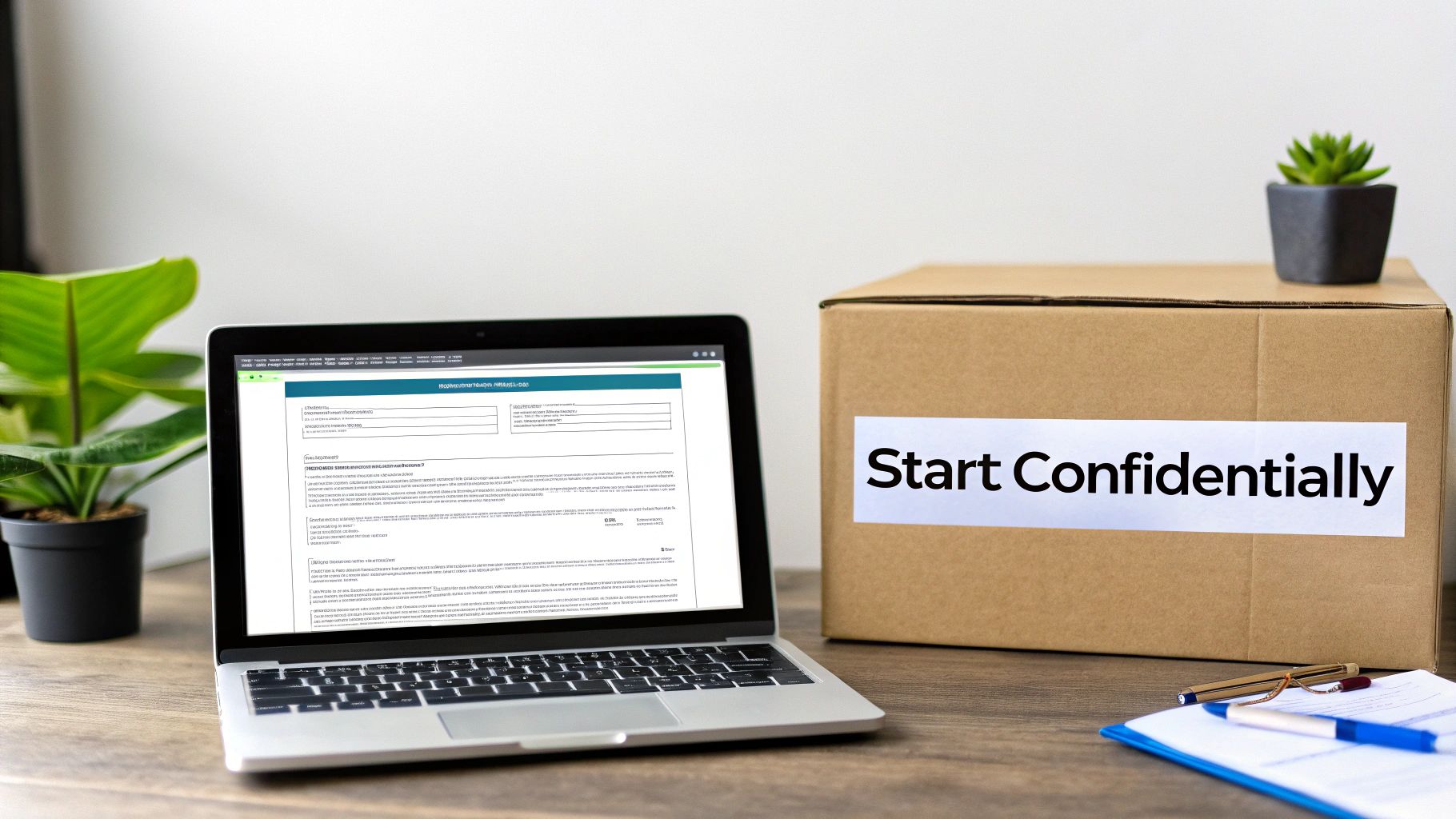 A laptop showing a document, a cardboard box labeled 'Start Confidentially', and office items on a desk.