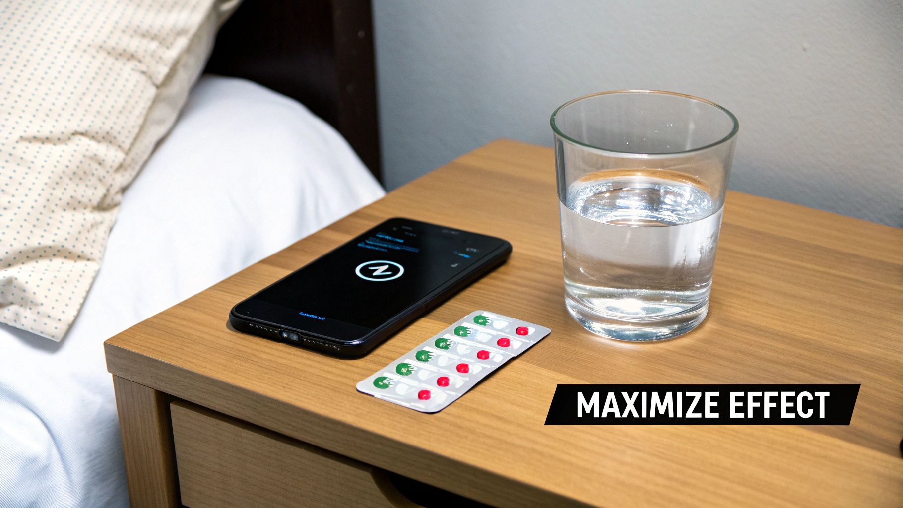 A nightstand with a smartphone, blister pack of pills, and a glass of water, next to a bed.