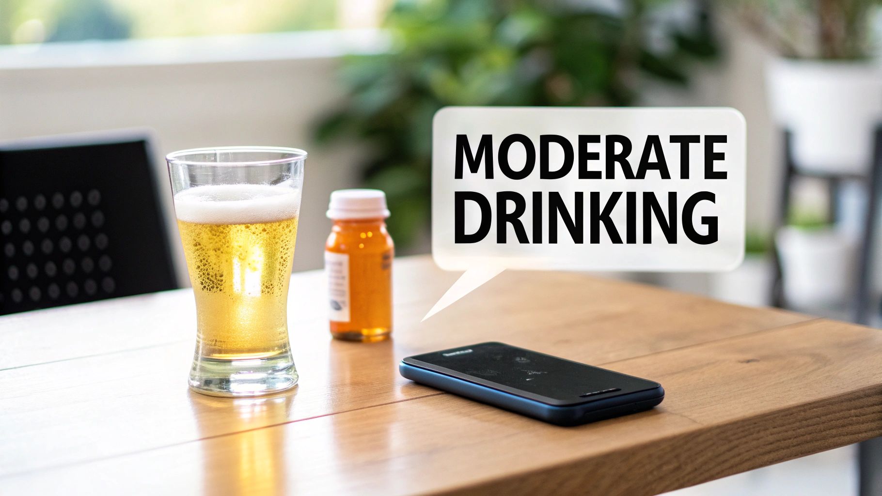 A glass of beer, a pill bottle, and a smartphone on a table with a "MODERATE DRINKING" speech bubble.