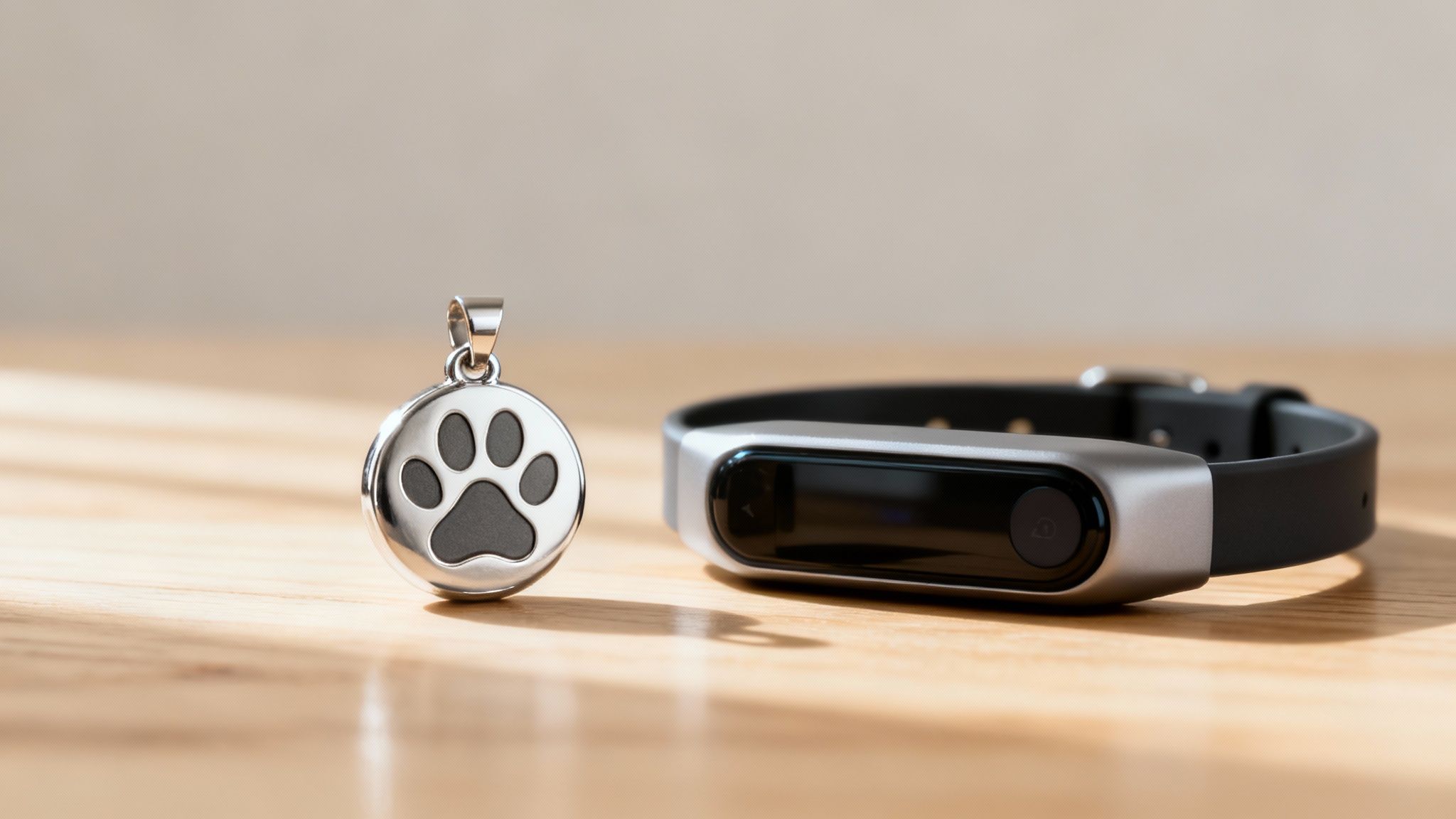 A close-up of a delicate gold necklace with a small, custom-engraved paw print pendant, resting on a soft, neutral-toned fabric.