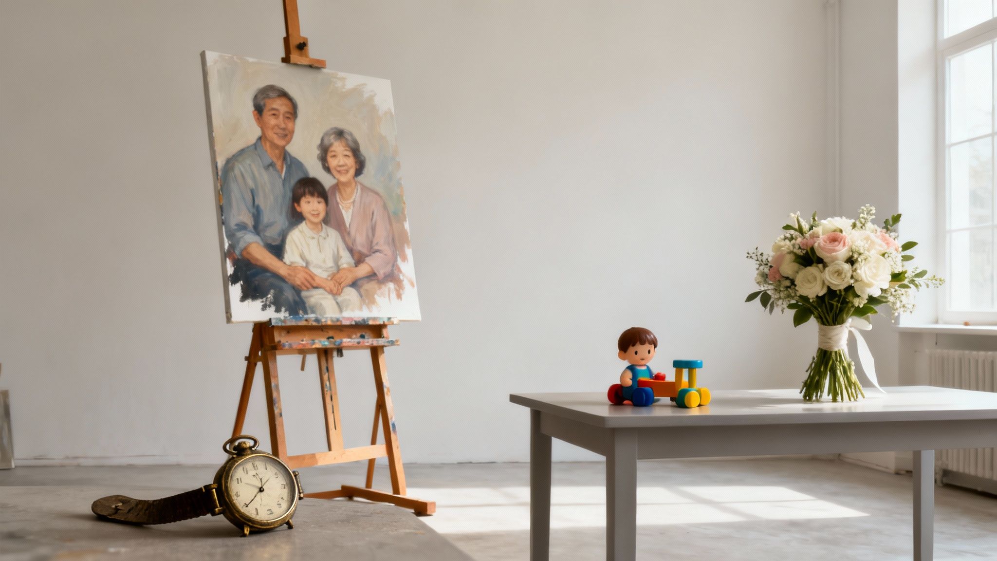 Several family photos from different eras being laid out on a table, with an artist's hand sketching a concept for a single, unified portrait.