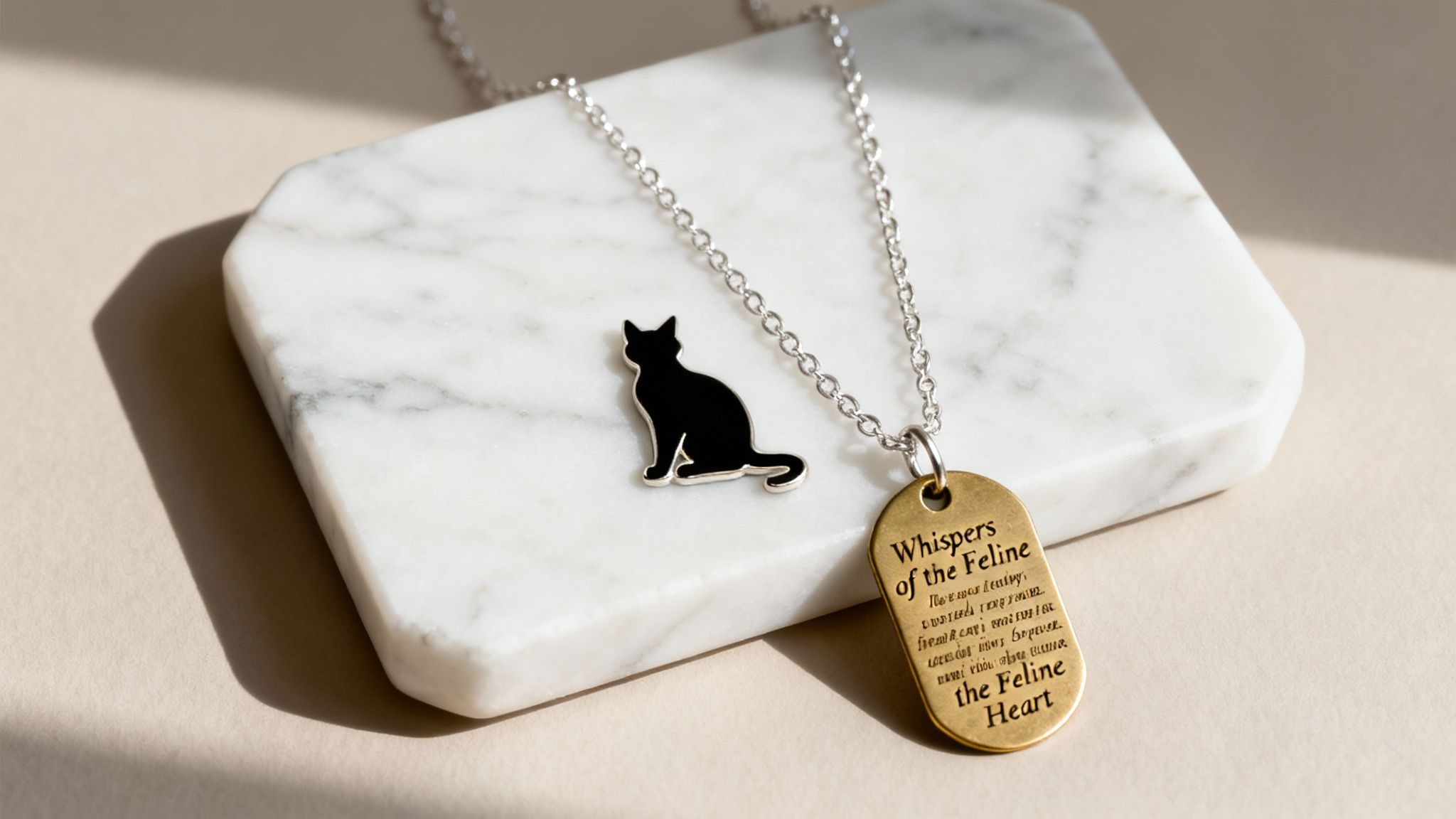 A close-up of custom-stamped, literary-themed pet tags made from high-quality brass or silver, perhaps engraved with a line of poetry.