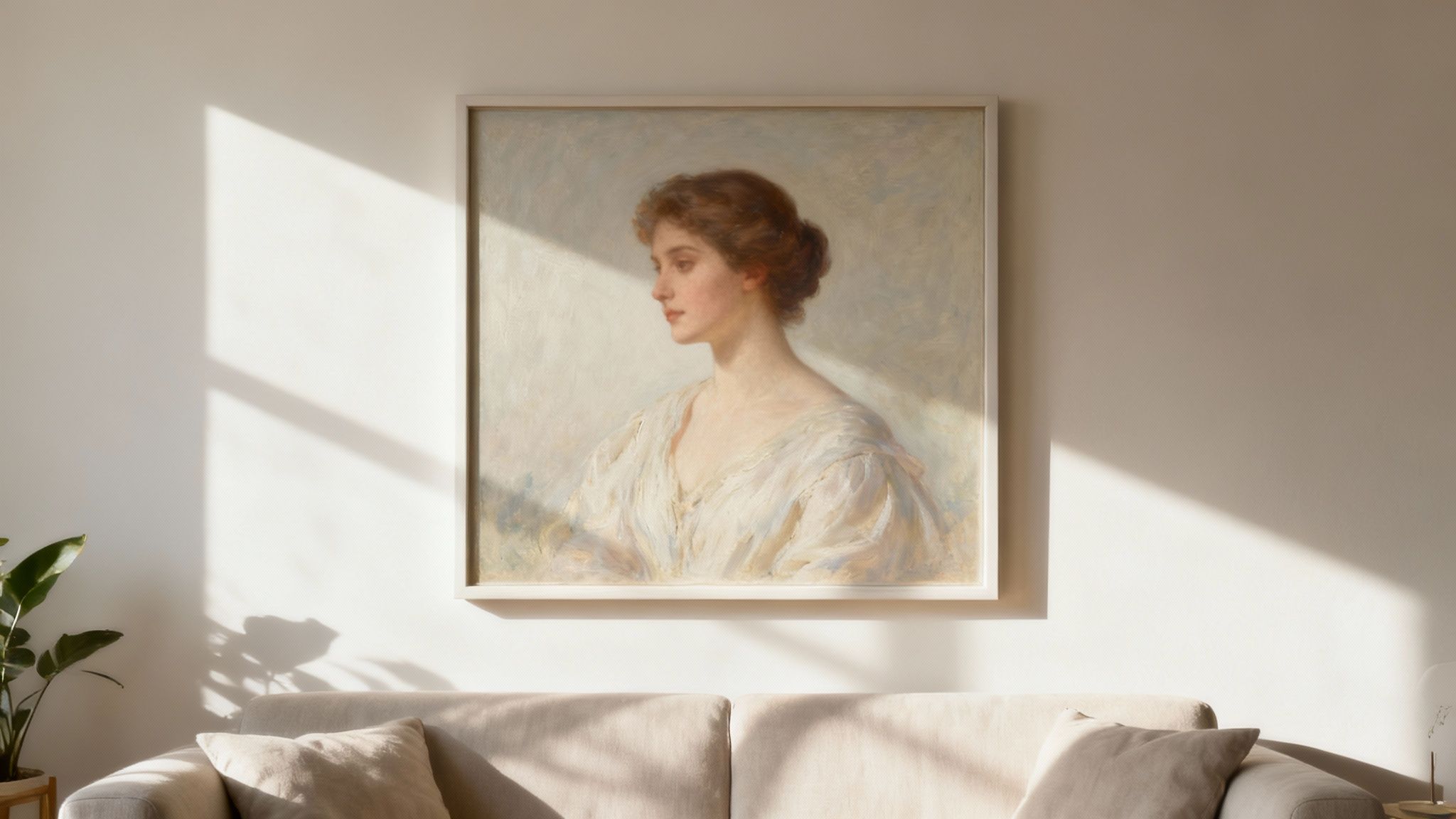 A family admiring a custom portrait hanging in their well-lit hallway, creating a warm, focal point.