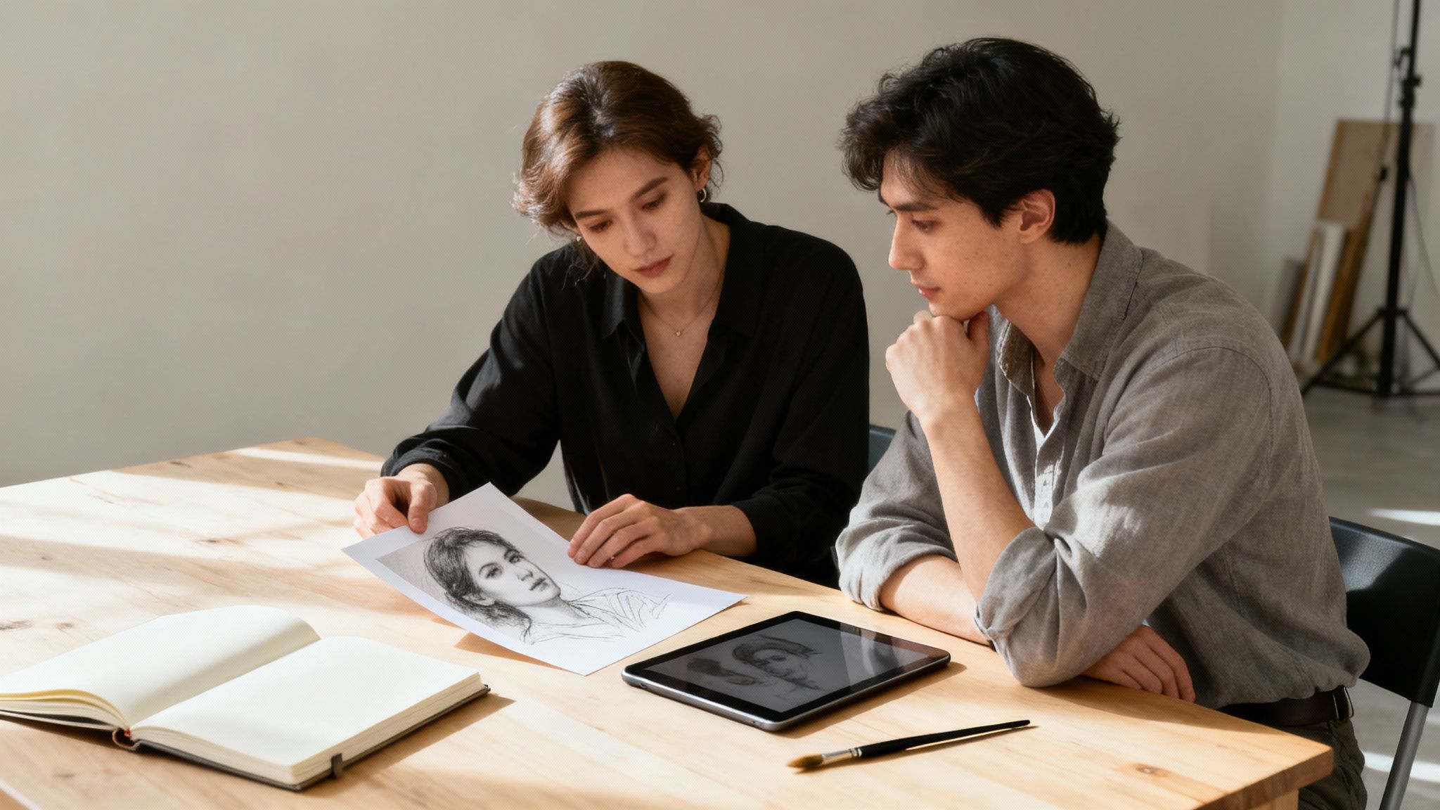 A person pointing to details on a photo while discussing it with a portrait artist in their studio.