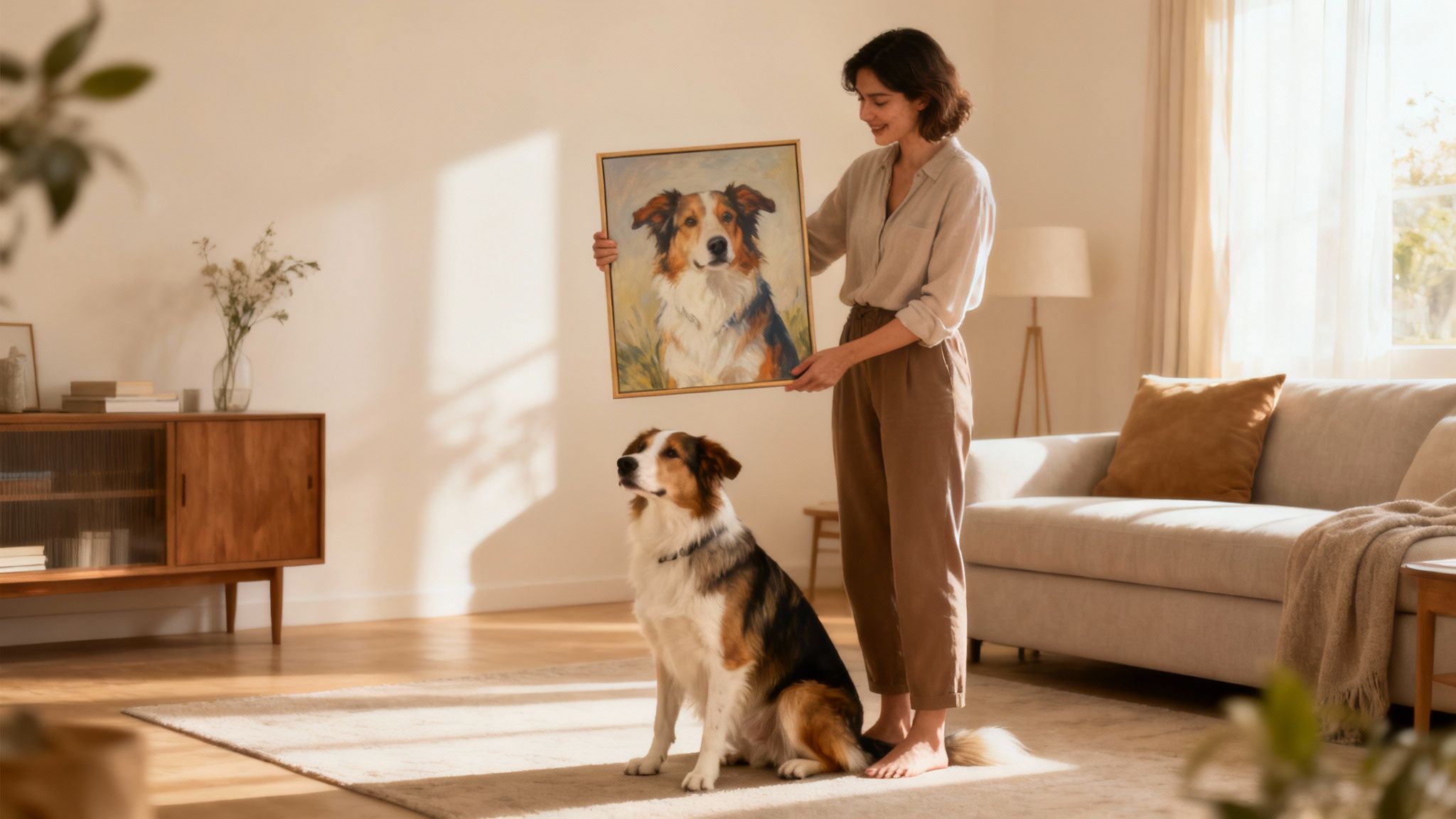 A woman lovingly holds a framed portrait of her golden retriever, showcasing the deep emotional connection between an owner and their pet.