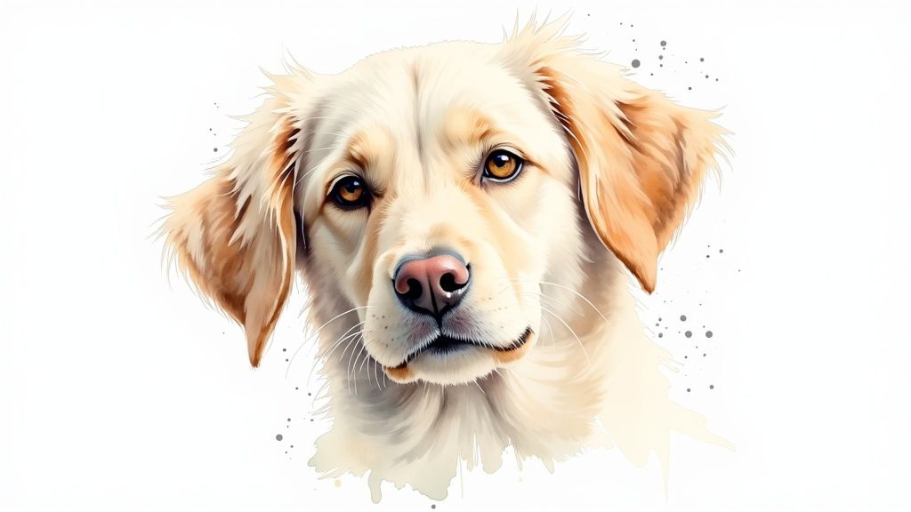 A detailed watercolor portrait of a pet, emphasizing the soft edges and transparent layers of the medium.