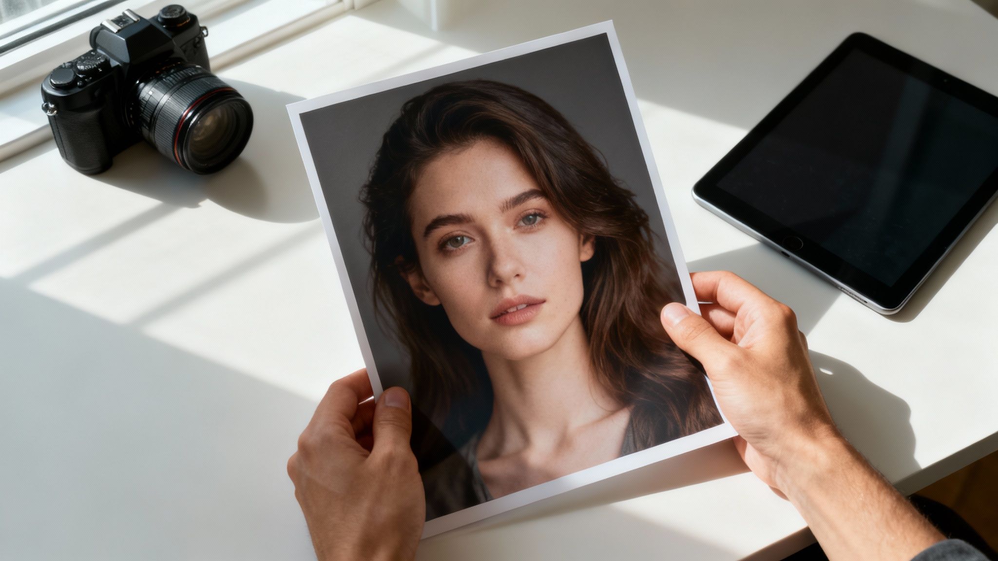 A woman and a man looking at a photo on a camera screen, considering it for a custom oil painting.
