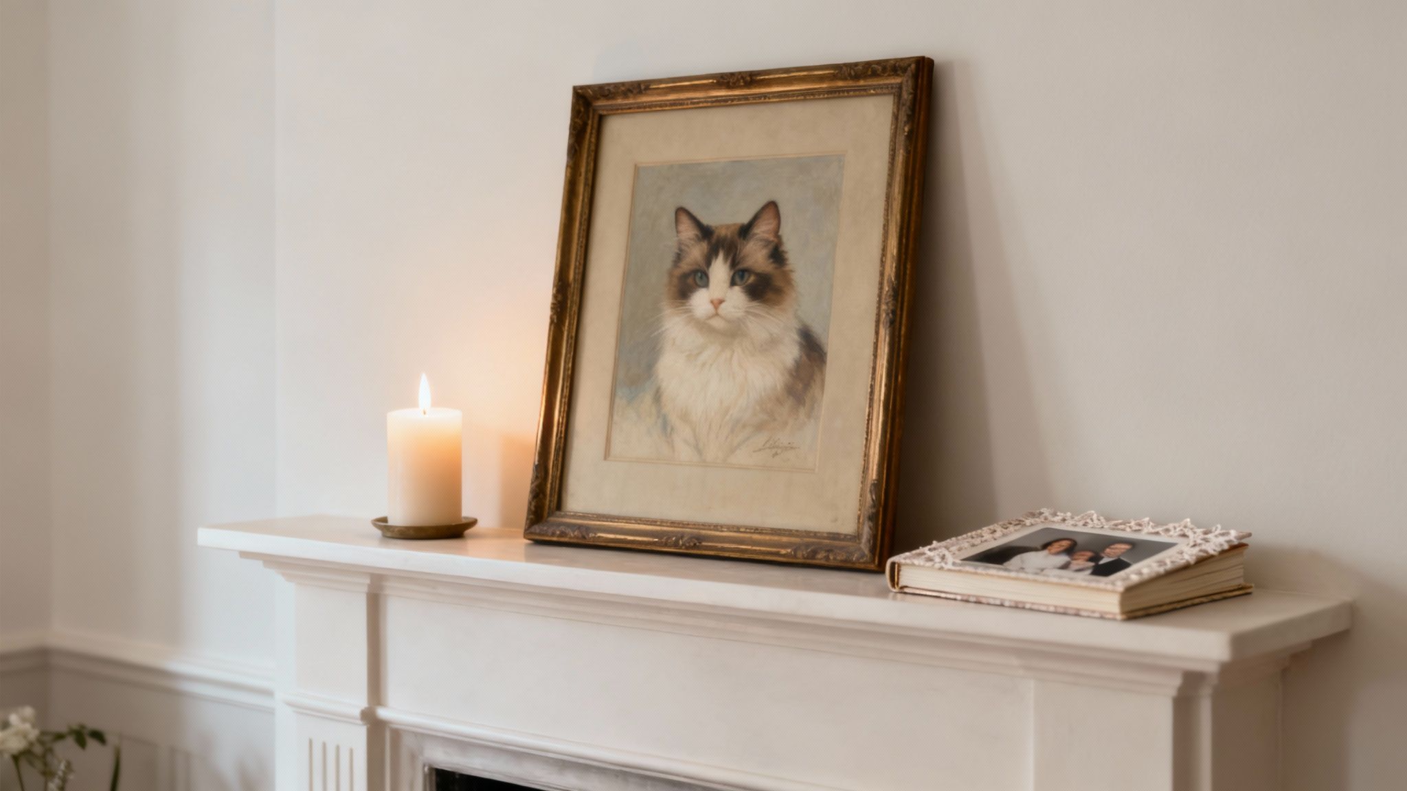 A hand-painted oil portrait of a cat displayed on an ornate mantelpiece, highlighting its heirloom quality.
