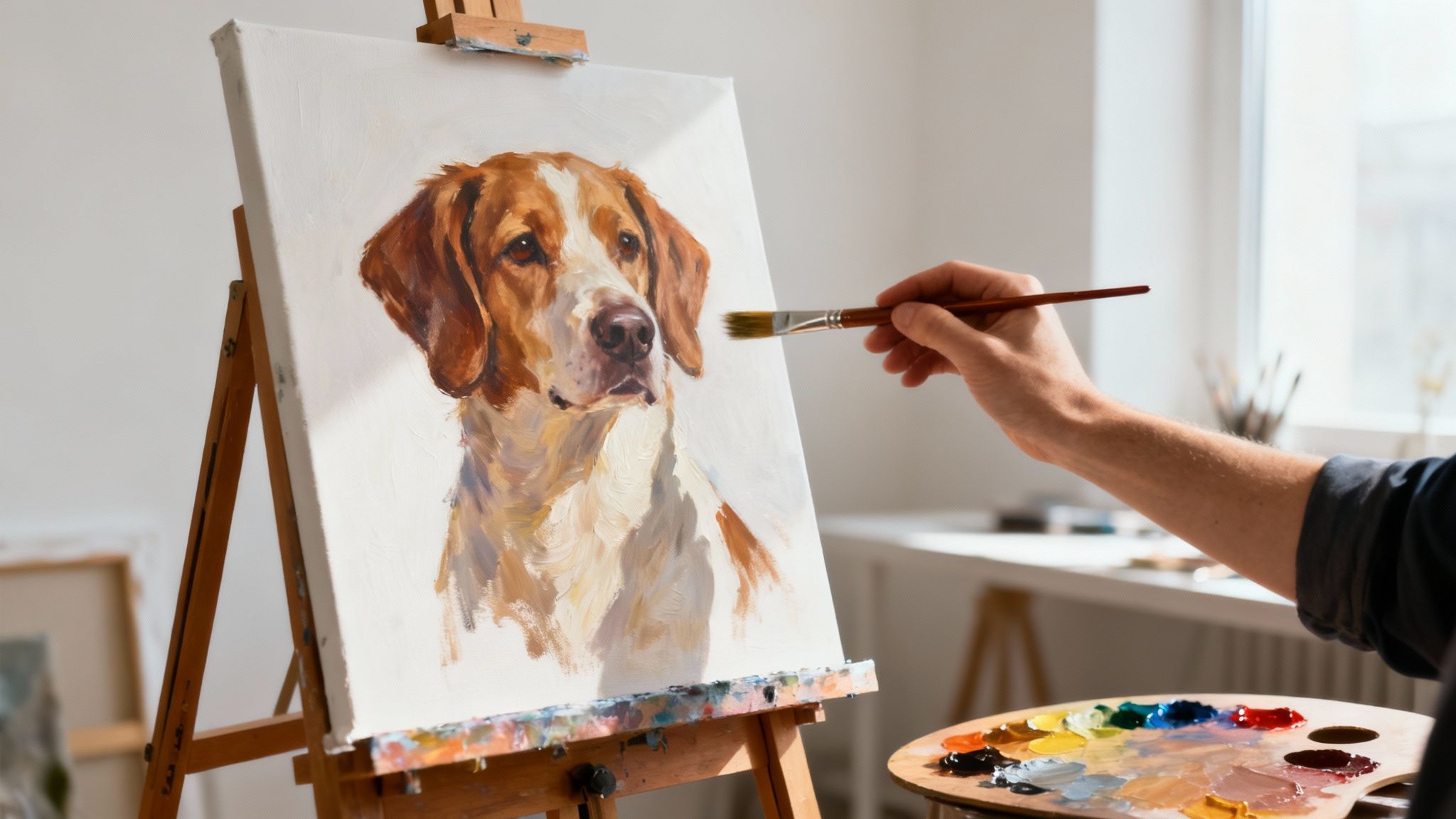 A close-up of an artist's hand carefully painting the eye of a dog on a canvas, capturing its soulful expression.