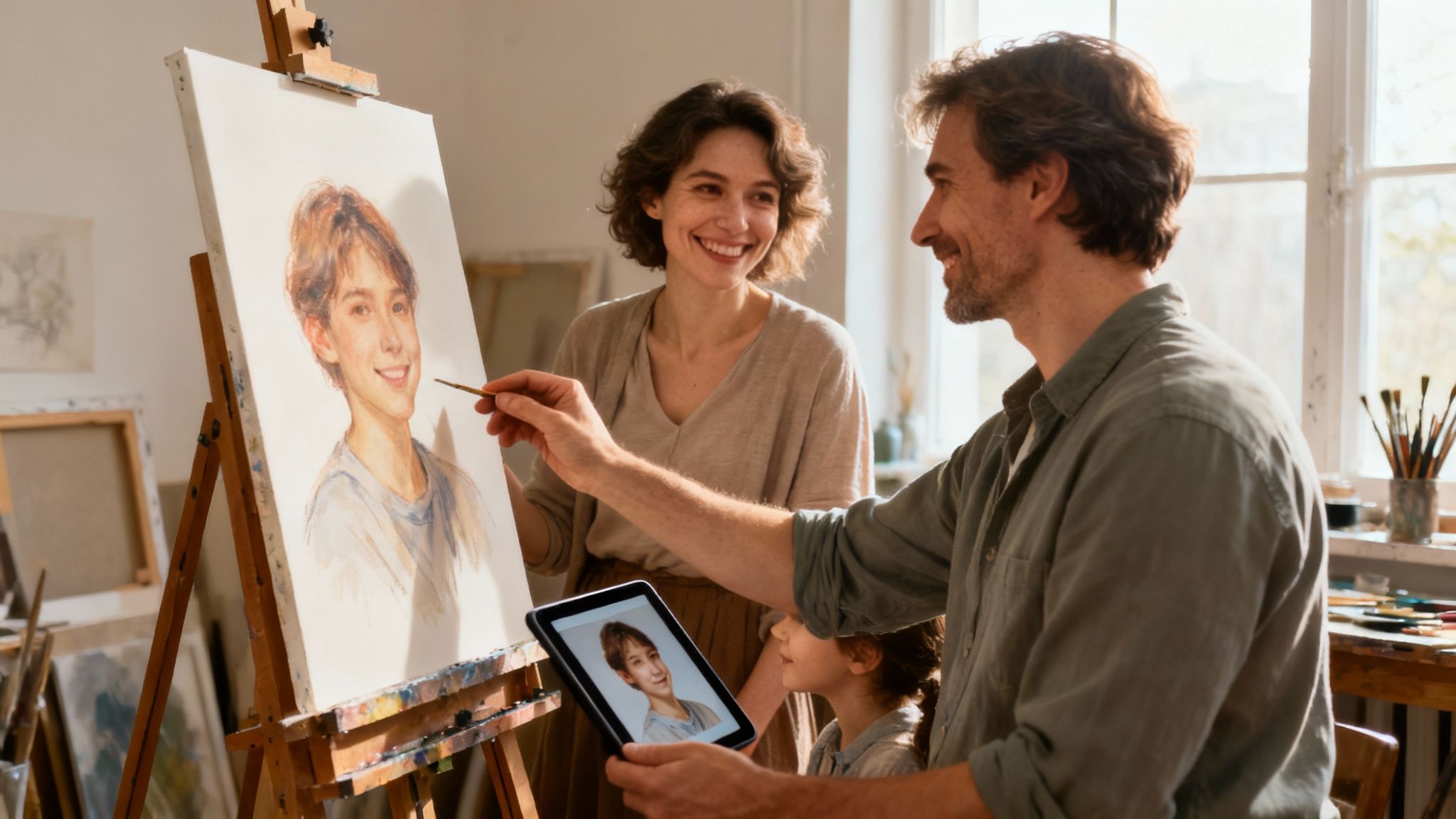 An artist carefully working on a custom hand-painted portrait from a reference photo.