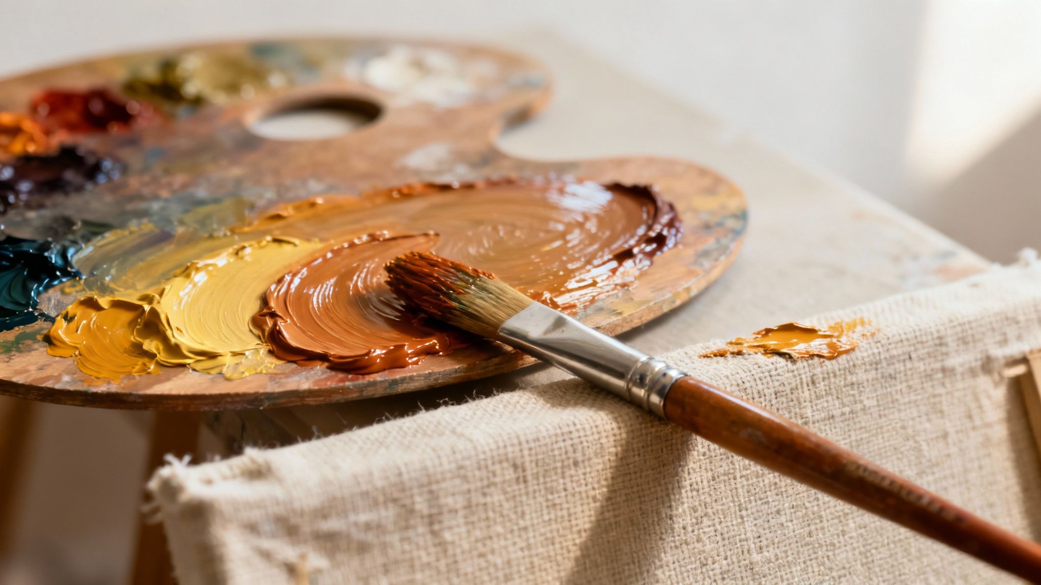 A detailed close-up of an oil painting on canvas, highlighting the rich texture and vibrant colors of the brushstrokes.