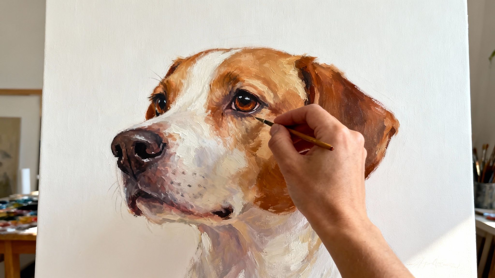 An artist's hands carefully add detail to a custom oil portrait, bringing the subject's expression to life on the canvas.