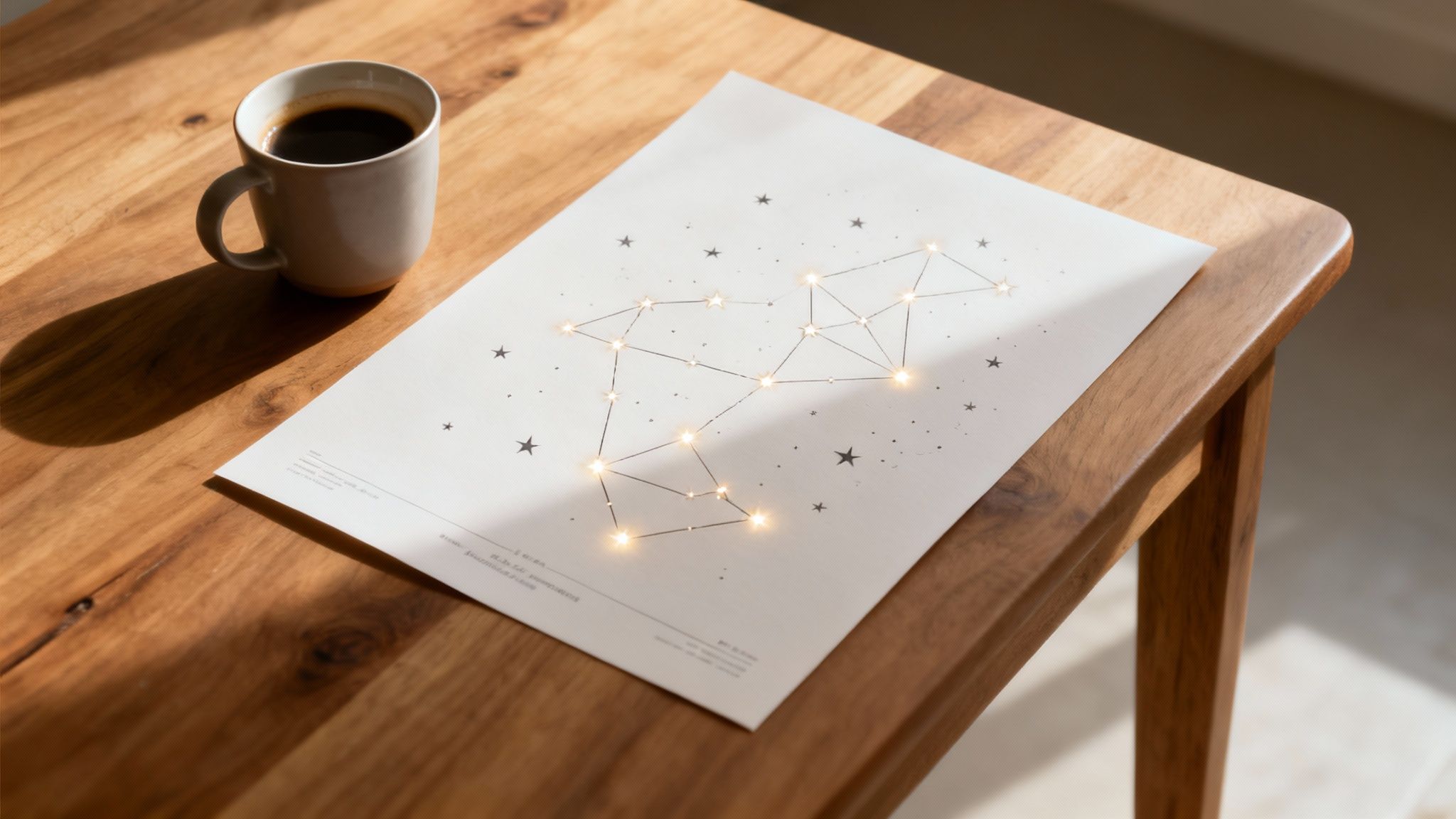 Close-up of a framed, custom-made star map showing constellations against a dark blue background.