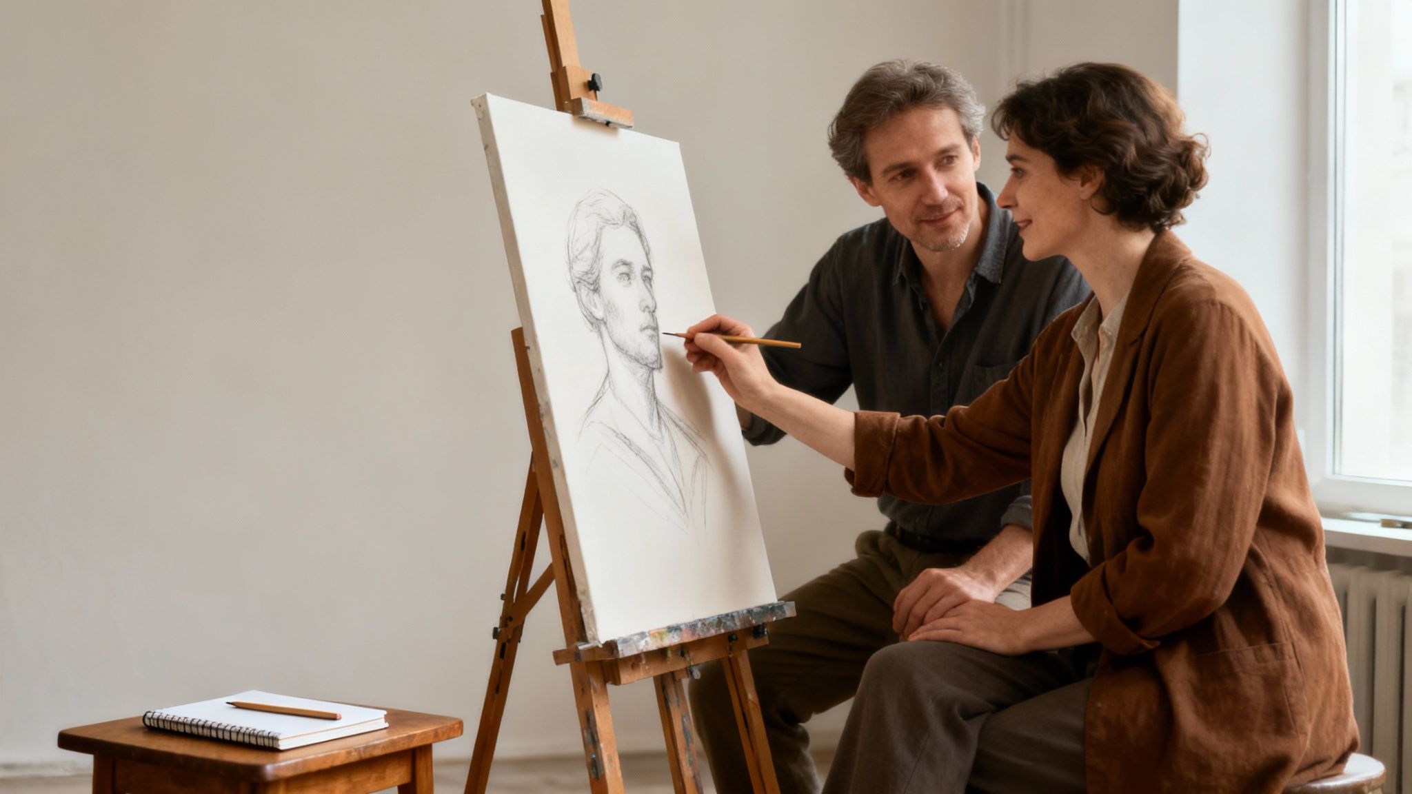 A professional artist in a studio, carefully working on a large, detailed oil portrait.