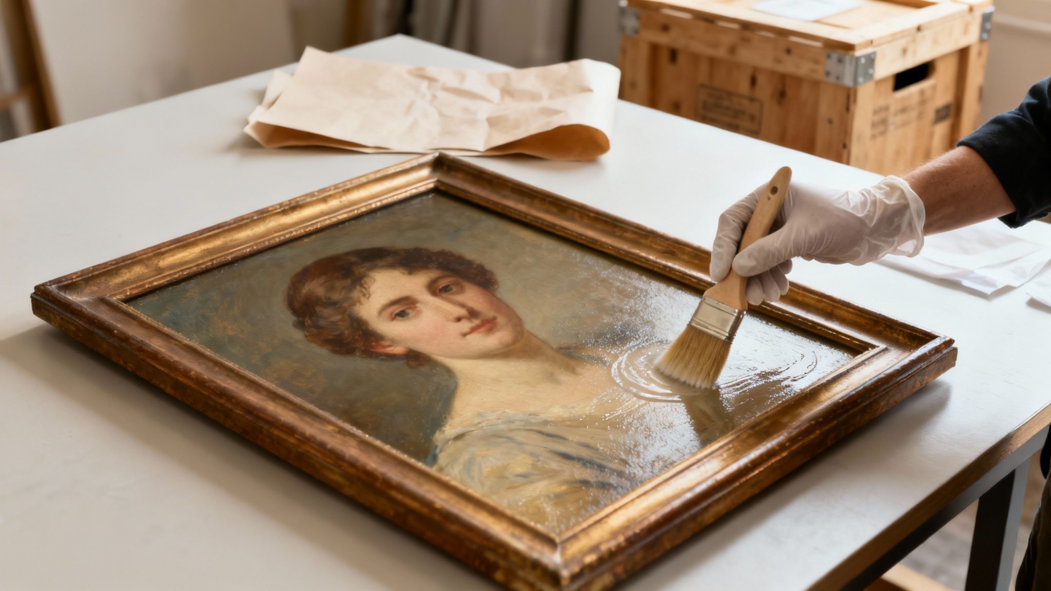 A finished oil portrait in an ornate gold frame, ready for shipping.