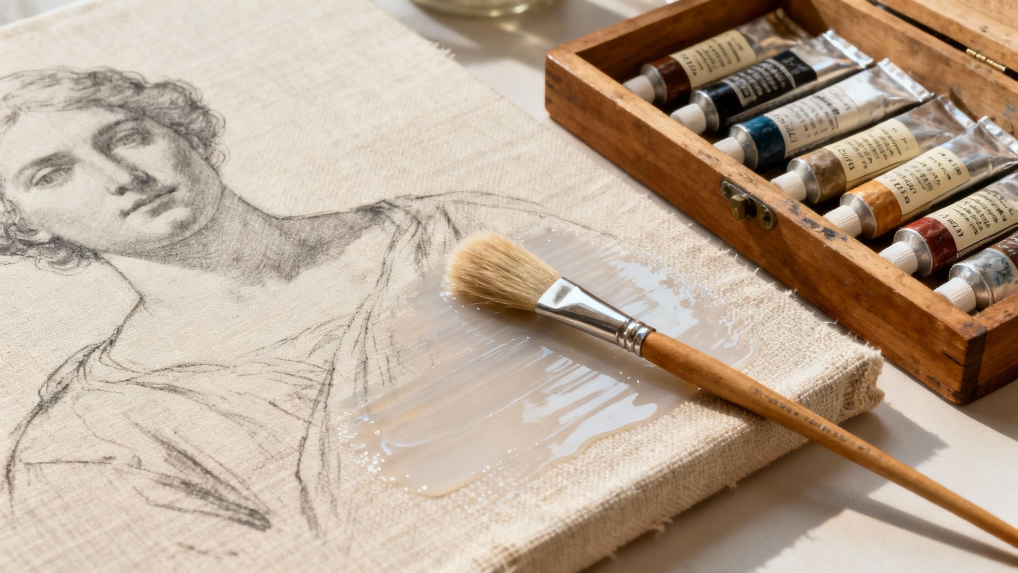 An artist's hands meticulously applying paint to a canvas, showing the layers of an oil portrait.