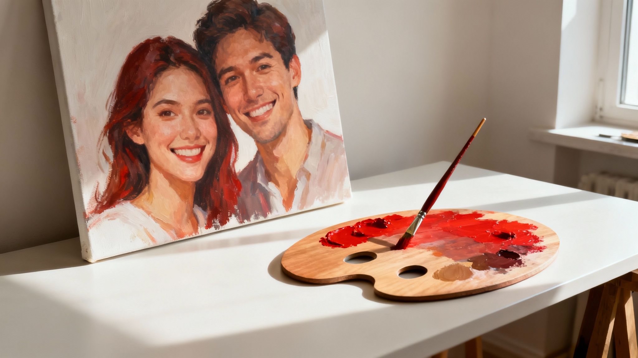 An older couple looking at a beautiful hand-painted portrait, reflecting on their 40 year journey.