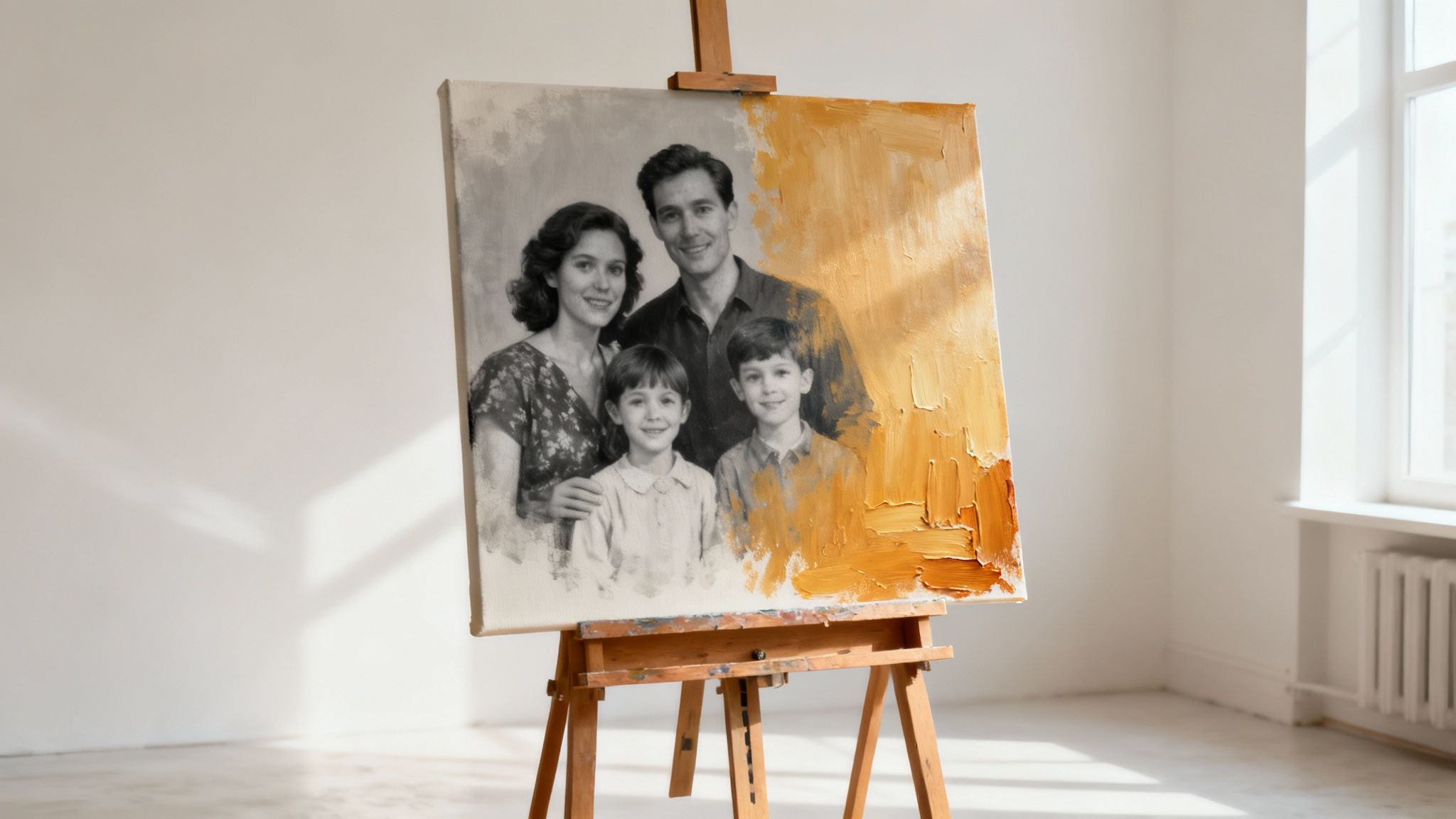 A custom oil painting of a couple hangs above a modern fireplace, adding a warm, personal touch to the living room.