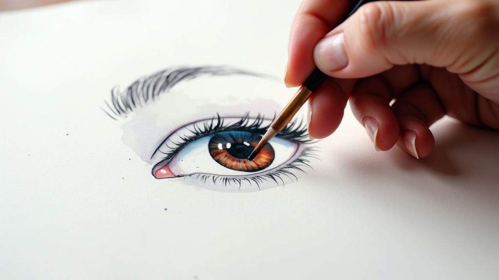 An artist's hands carefully painting a watercolor portrait of a pet, surrounded by art supplies.