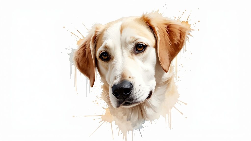 A custom hand-painted portrait of a beloved golden retriever, capturing its gentle and loyal expression.