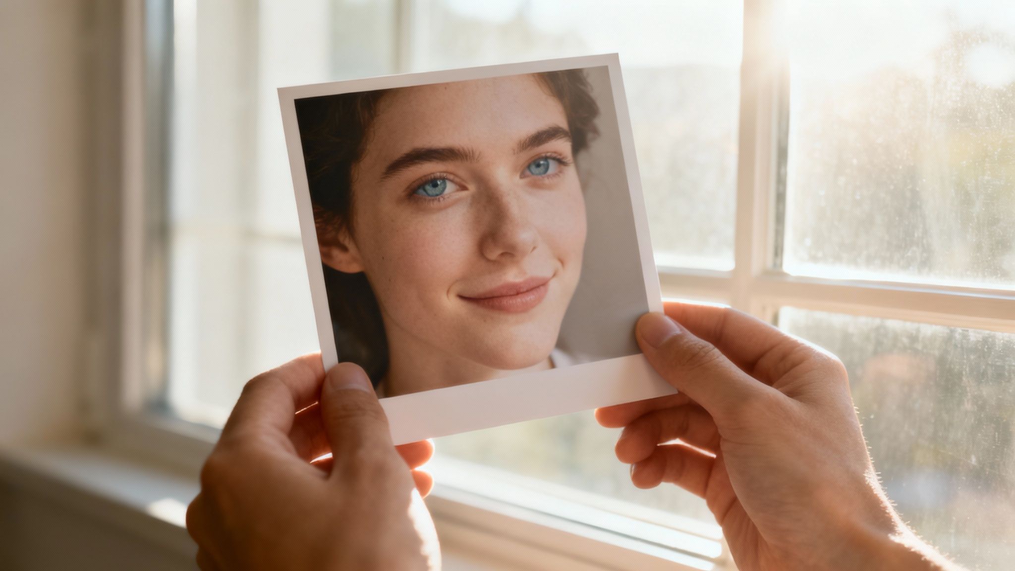A close-up of a person's smiling face, with soft natural light highlighting their features and a clear sparkle in their eye, making it a perfect reference for a portrait.