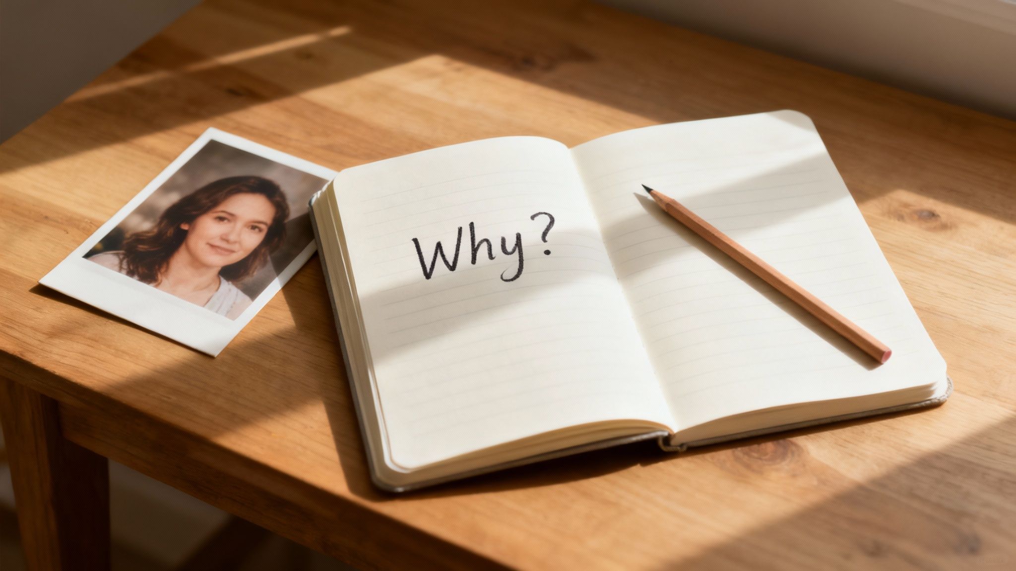 A woman thoughtfully looking at a framed portrait hanging on her wall, the image evoking a sense of memory and emotion.