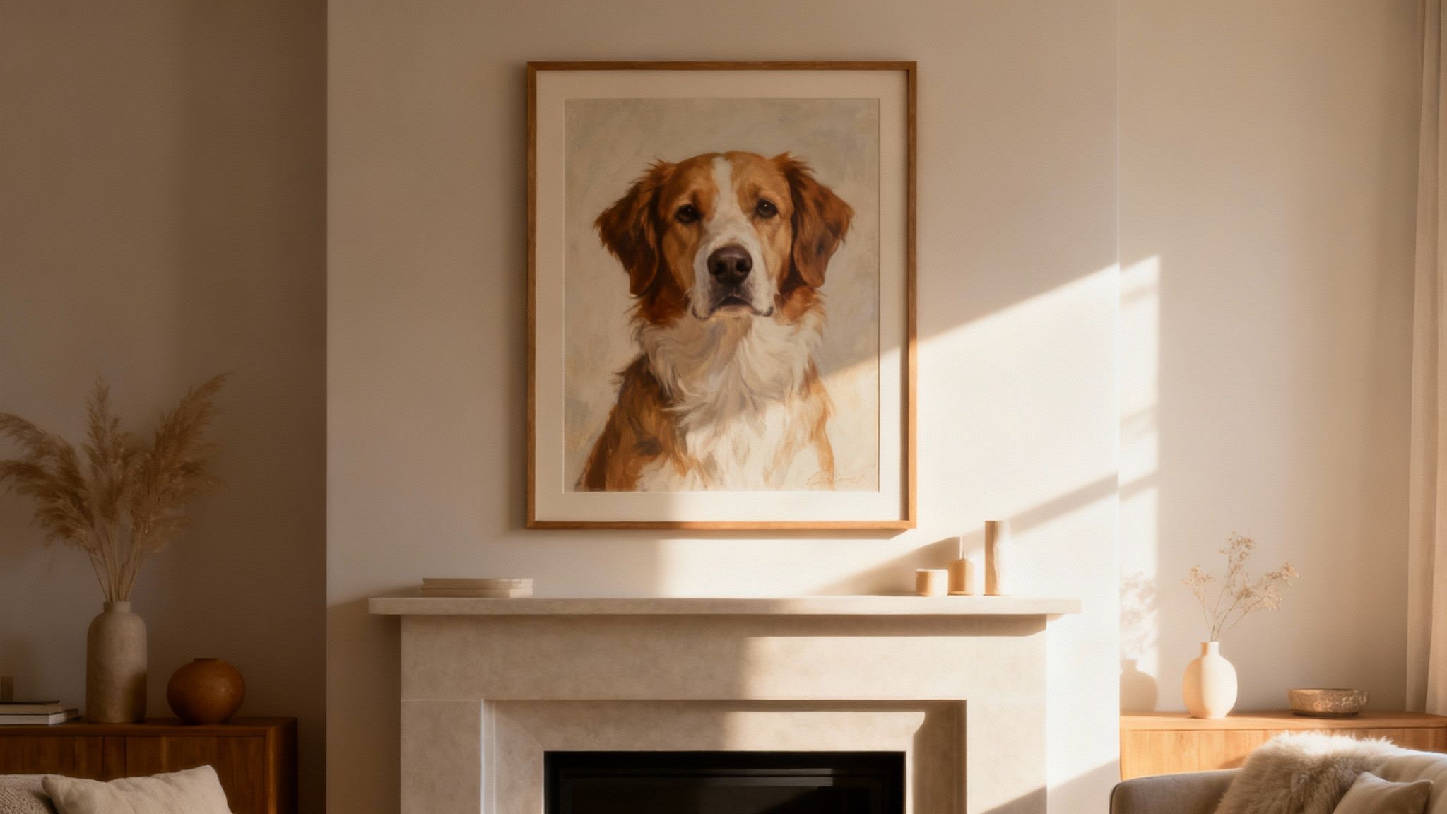 A beautiful, serene portrait of a dog hangs prominently on a living room wall, symbolizing its place as a cherished family member.