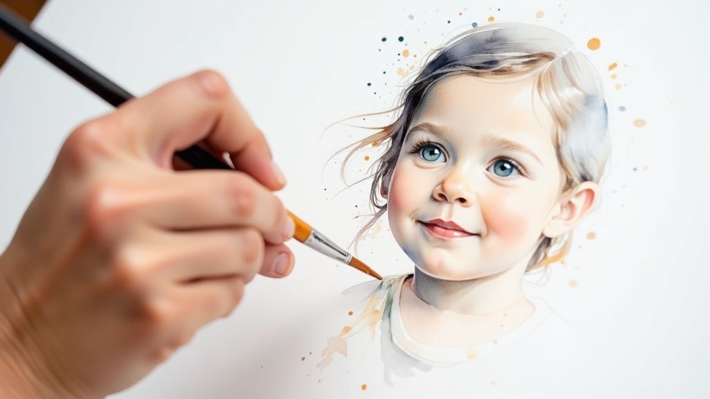 An artist's hands carefully applying a final brushstroke to a custom family portrait, with paints and brushes visible in the background.