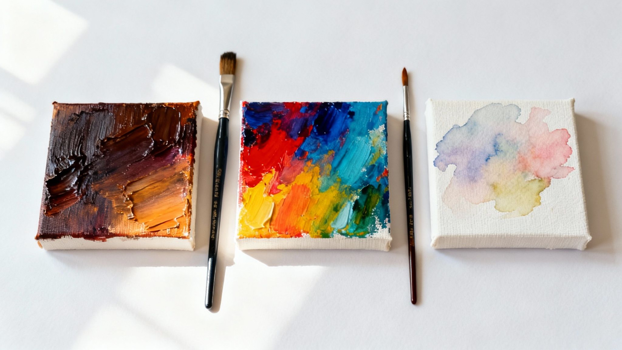 An artist's palette with vibrant oil, acrylic, and watercolor paints ready for use.