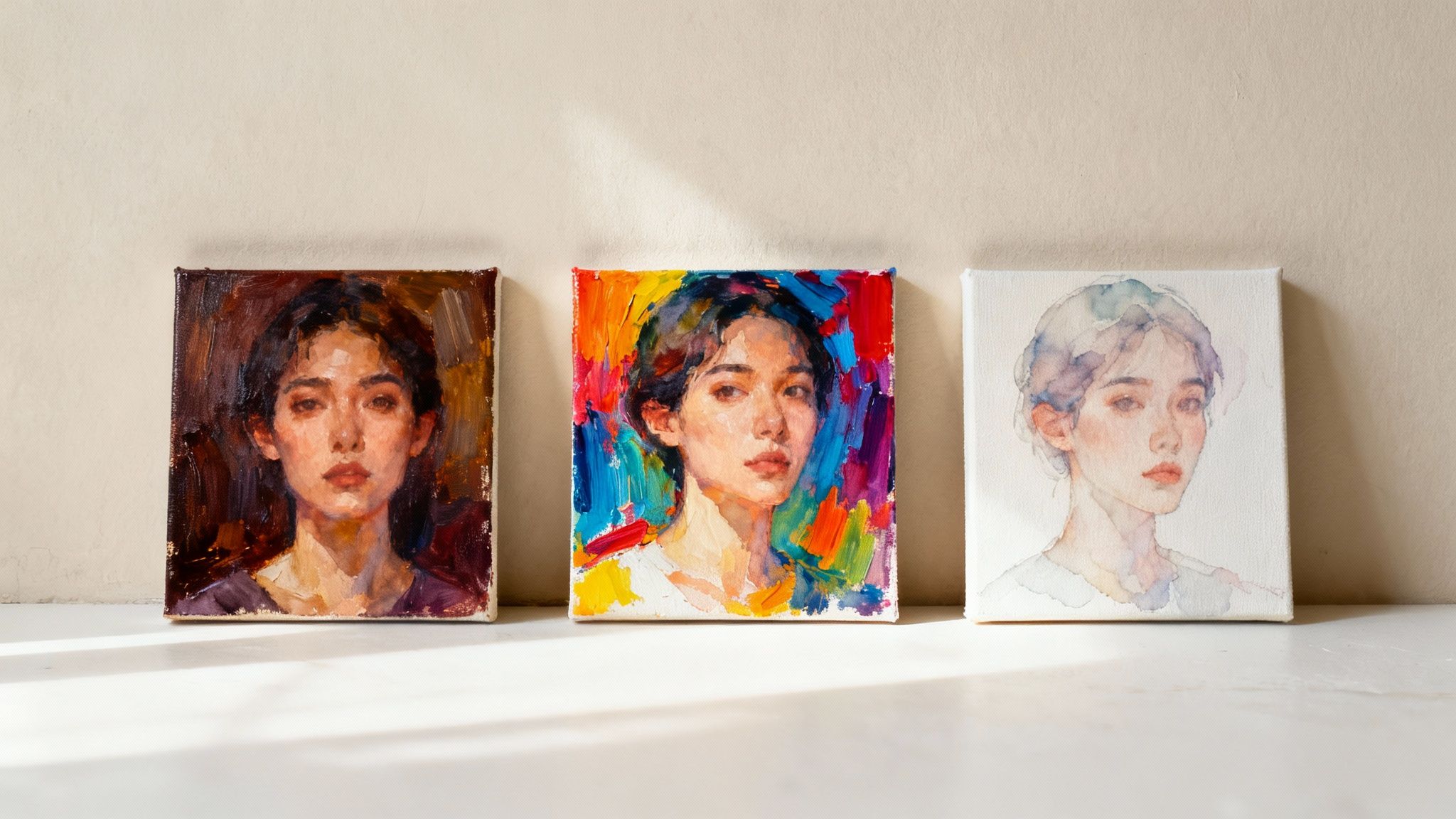 An artist's palette with vibrant oil, acrylic, and watercolor paints, with brushes resting nearby, ready to create a masterpiece.