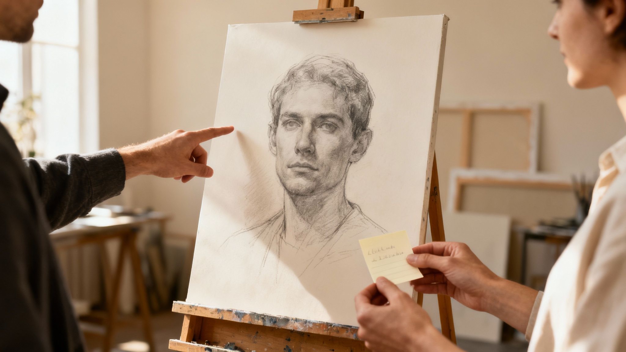 An artist and a client collaborating over a tablet, reviewing a digital mock-up of a portrait with the original photo beside it.