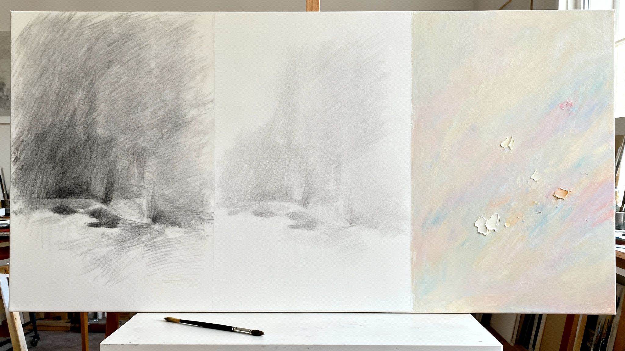 An artist's studio with a canvas on an easel, showing the early stages of a classical oil painting.